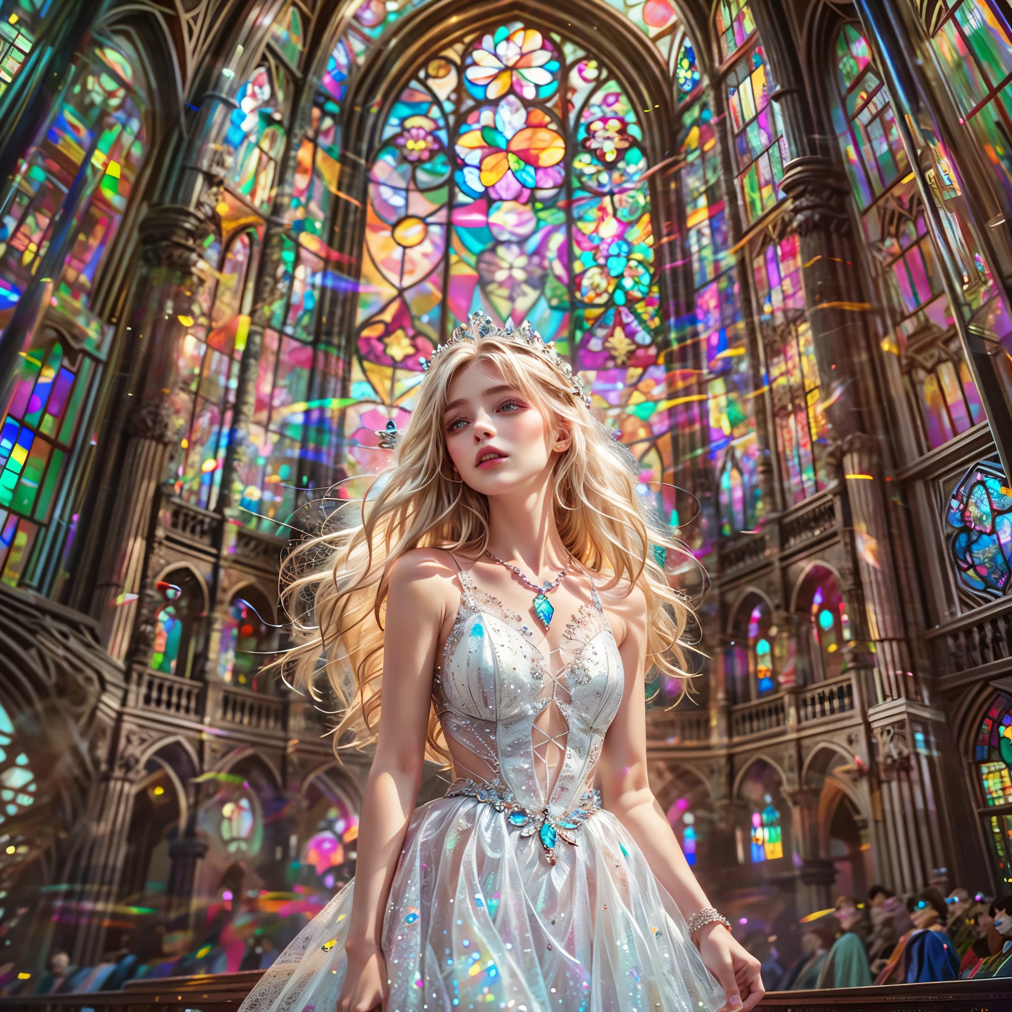 (Cathedral from below:1.28) (BokeH ZoomLayer) TopQuality 8K masterpiece of ((Professional photo)), (((Clarisse de Cagliostro))) (Detailed White WeddingDresses), Chain, (CloseUp of (Extremely detailed (KAWAII face))) {((VeiledFace))|BlondeHair|(Elaborate BuleEyes)with(SparklingHighlights:1.28)}, The background is distant (((Elaborate stained glass))) Rainbow Glass, {(MysticSight)|EnchantingAtmosphere|Haze|(GodRays)|TyndallEffect}, Radiant PearlSkin with Transparency, (Exposed:0.88), BluB