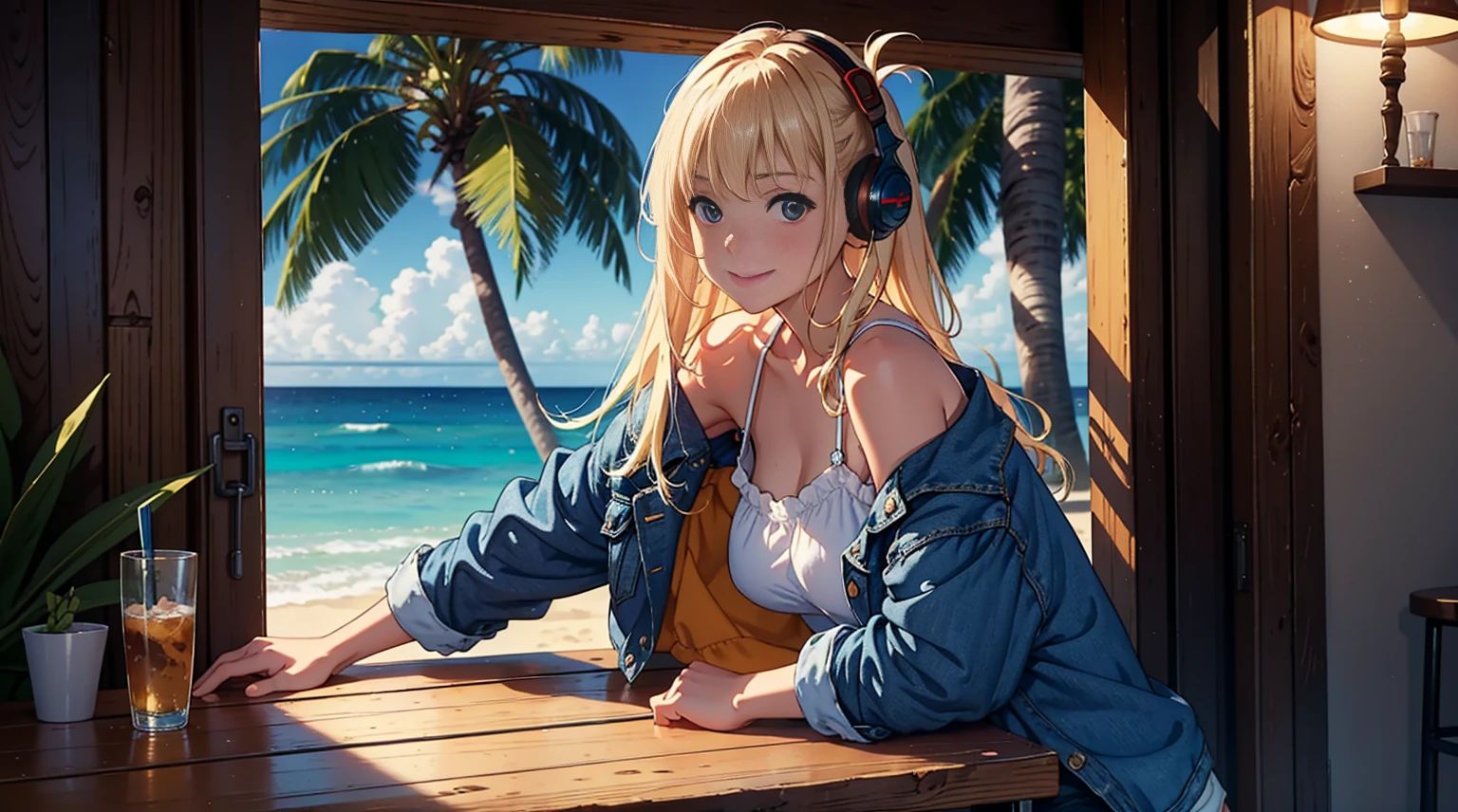 masterpiece、high resolution 8k、NSFW、sharp focus、contrast lighting、A cozy beach bar, 1girl, sitting on wooden stools,a Blue jean short and a small top,blue denim jacket shorts,long blonde hair hair,smiling,headphone, a doorway leads to a sandy beach with a clear blue sky and a palm tree.