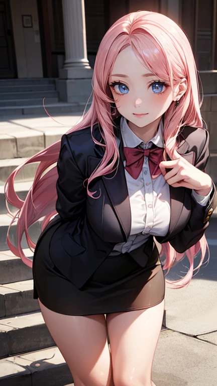 (masterpiece:1.2, Highest quality), (Realistic, photoRealistic:1.4), Beautiful illustrations, (Natural Side Lighting, Cinema Lighting), Looking at the audience, Upper Body, (Front view), 1 girl, Perfect Face, Symmetrical cute face, Glowing Skin, Baby Face, Long eyelashes, (Large Breasts), (Wide Hips),Beautiful Hair, Beautiful Face, Beautiful and beautiful eyes, Beautiful body, Beautiful breasts, Beautiful thighs, Beautiful feet, Beautiful fingers,(Beautiful views),(Cute Smile:1.2, Excellent), Japanese, high school girl,(Long Hair:1.8, Straight hair:1.7, Light pink hair), Parted bangs, Emerald green eyes, Long eyelashes, (Thick thighs),The whole body is visible, Dynamic Angle, Perfect body, ((Red bow tie, Black jacket, Open jacket, White shirt, Black Skirt, Check skirt)), City Stairs,(Looking up from the bottom of the stairs),Very embarrassing panic smile,looked back,(Leaning forward:1.4), A character based on the Sengoku warlord Tokugawa Ieyasu,Her outfit incorporates Tokugawa Ieyasu's distinctive armor and symbols.、Expressing elegance and strength。The background is a dynamic seascape in the style of Katsushika Hokusai.、The colors are vivid and the touch is full of movement.。