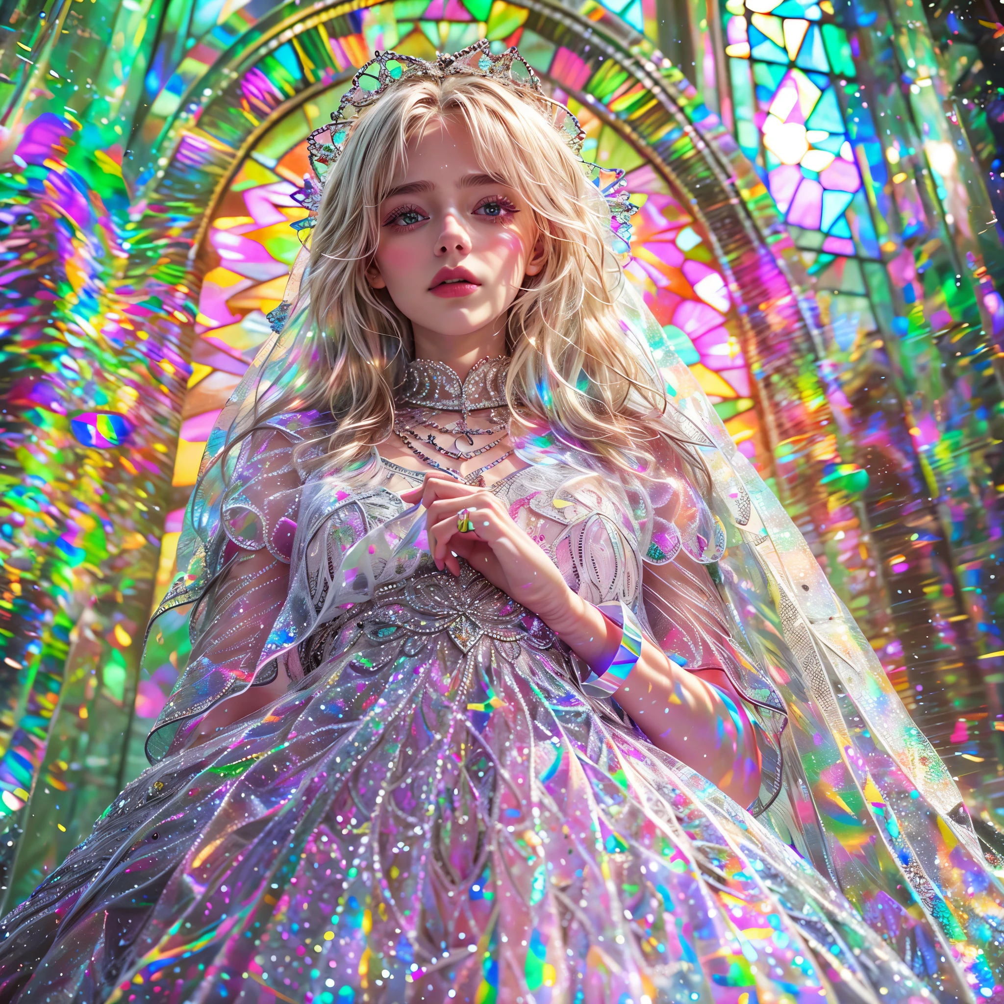 (Cathedral from below:1.28) (BokeH ZoomLayer) TopQuality 8K masterpiece of ((Professional photo)), (((Clarisse de Cagliostro))) (Detailed White WeddingDresses), Chain, (CloseUp of (Extremely detailed (KAWAII face))) {((VeiledFace))|BlondeHair|(Elaborate BuleEyes)with(SparklingHighlights:1.28)}, The background is distant (((Elaborate stained glass))) Rainbow Glass, {(MysticSight)|EnchantingAtmosphere|Haze|(GodRays)|TyndallEffect}, Radiant PearlSkin with Transparency, (Exposed:0.88), BluB
