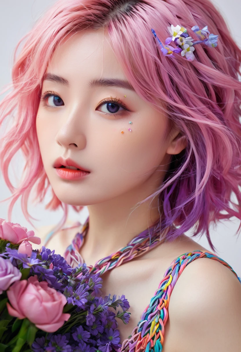 (ultra-Detailed background, Detailed background), absurd, high resolution, Extremely detailed, Extremely detailed, 1 Girl, Yae Yoshiko, Pink Hair, Purple Eyes, (A bouquet of flowers:1.3), (tangled:1.2), (Geometric:1.2),(rich and colorful),
