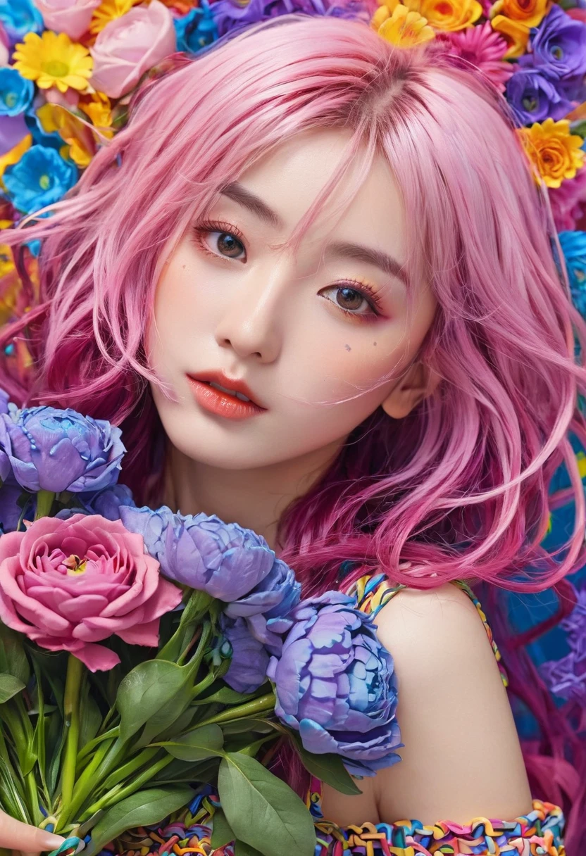 (ultra-Detailed background, Detailed background), absurd, high resolution, Extremely detailed, Extremely detailed, 1 Girl, Yae Yoshiko, Pink Hair, Purple Eyes, (A bouquet of flowers:1.3), (tangled:1.2), (Geometric:1.2),(rich and colorful),