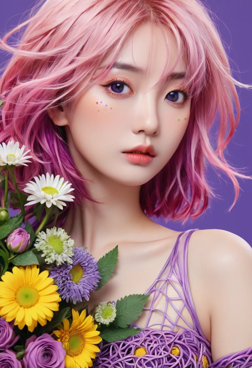 (ultra-Detailed background, Detailed background), absurd, high resolution, Extremely detailed, Extremely detailed, 1 Girl, Yae Yoshiko, Pink Hair, Purple Eyes, (A bouquet of flowers:1.3), (tangled:1.2), (Geometric:1.2),(rich and colorful),