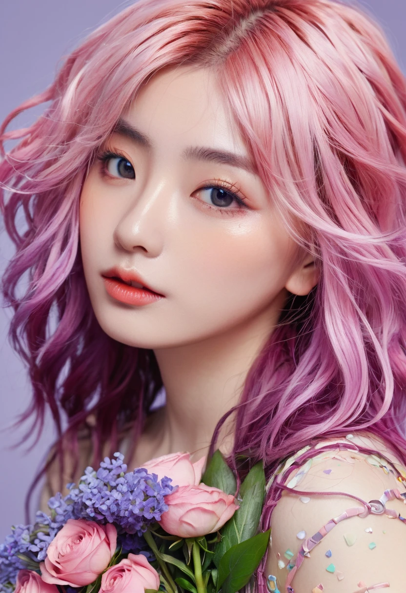 (ultra-Detailed background, Detailed background), absurd, high resolution, Extremely detailed, Extremely detailed, 1 Girl, Yae Yoshiko, Pink Hair, Purple Eyes, (A bouquet of flowers:1.3), (tangled:1.2), (Geometric:1.2),(rich and colorful),