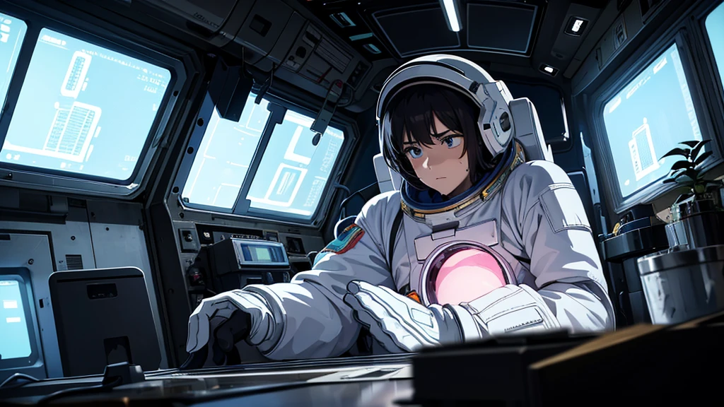 The scene takes place inside a futuristic spaceship.. En el centro de la imagen, we see a lone astronaut sitting on the ground, wearing your white space suit, but without the helmet. He is a white man with dark hair and a beard., appearing to be around 30 years old. The interior of the ship is in ruins, with lots of broken equipment and plants growing all over the place, indicating that a lot of time has passed since he arrived there. This reinforces the feeling of loneliness and that the astronaut was unable to properly care for the ship due to the emptiness he feels.. Through the large glass panel in front, you can see a light pink planet floating in the void of space. This view of the planet, probably the last survivor of its solar system, conveys a feeling of melancholy and displacement, reinforcing the feeling that the character does not feel like he belongs anywhere. The color palette is dominated by shades of blue, that help convey the depression and feeling of loneliness that the astronaut must be experiencing at that moment. It's an image that evokes an intense feeling of isolation., loss and despair, with the character lost in the middle of a universe that no longer belongs to him.