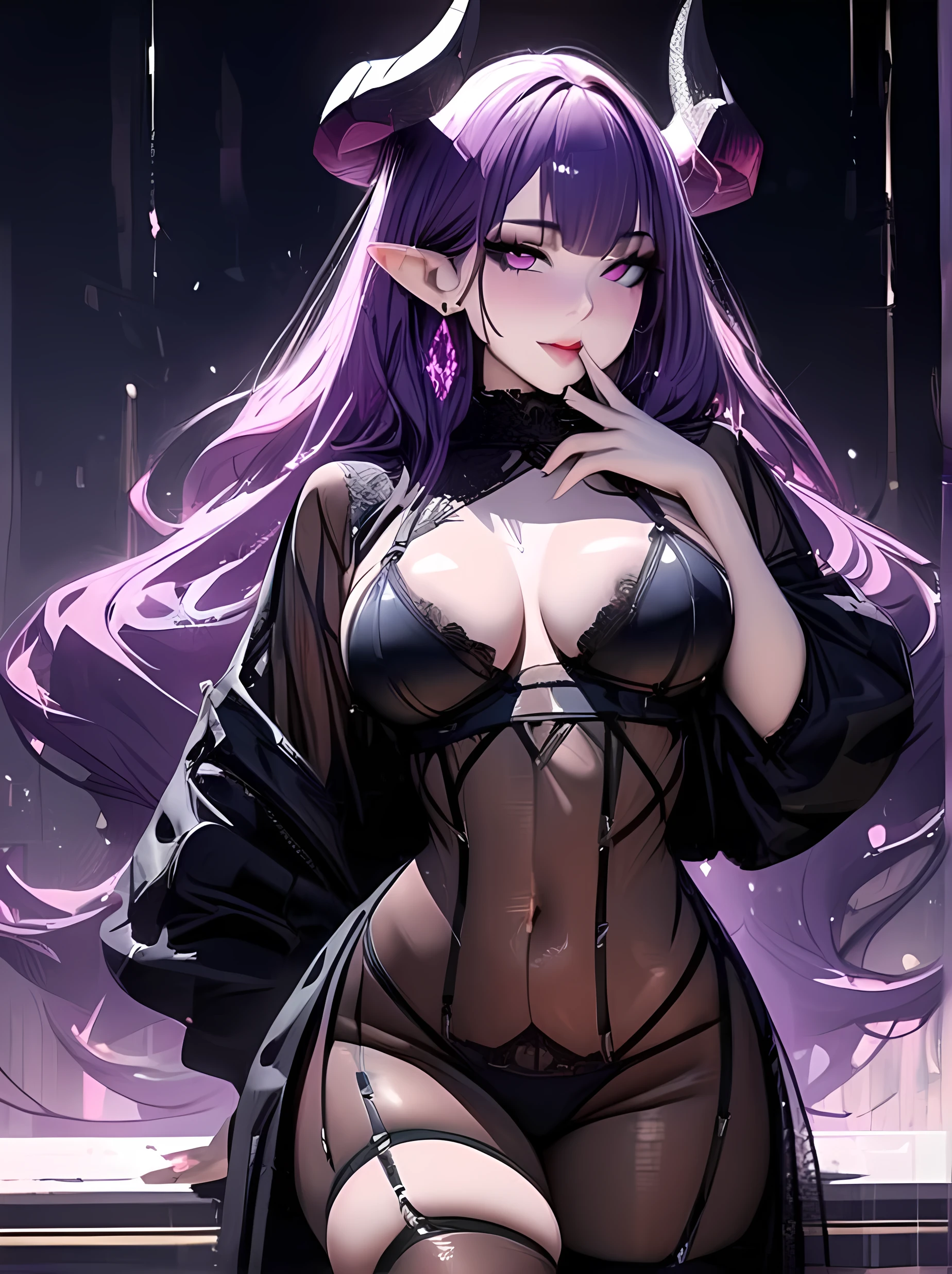 Masterpiece, beautiful art, professional artist, 8k, very detailed face, very detailed hair, very detailed clothes, 1 girl, standing alone, purple hair, eyes pink, sensual lips, sultry eyes, wet and transparent lingerie, long_eyelashes, natural_eyebrows, looking_at_viewer, diamond_earrings, body stocking, large breasts, cleavage, open clothes, pointy ears, horns, pale_skin, flirty smile, skin-covered horns, licking her fingers