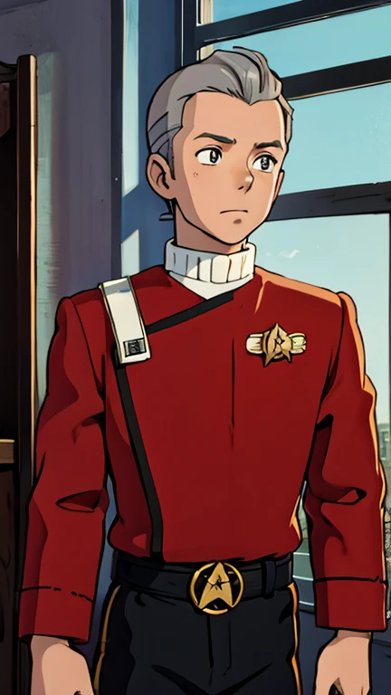 (Teens:1boy: Tintin,twokunf uniform), (extremely detailed CG unit 8k wallpaper),(master part), (best quality), (ultra detali), (best illustration),(melhor ombre), cowboy shot, (Sharp eyeliner, ombre, detailed eyes:1), Starship indoors background, ,break , (ghibli style), upper body,short hair, grey hair, 1man,1boy, red top,black pant