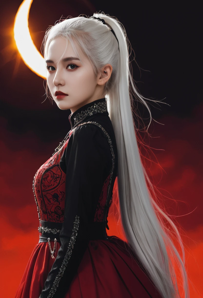 masterpiece, high quality, hcnone, Pixel Art, 1 Girl, White hair, Ponytail, Red Gothic Dress, Simple golden background, Death Stare, Solar eclipse background