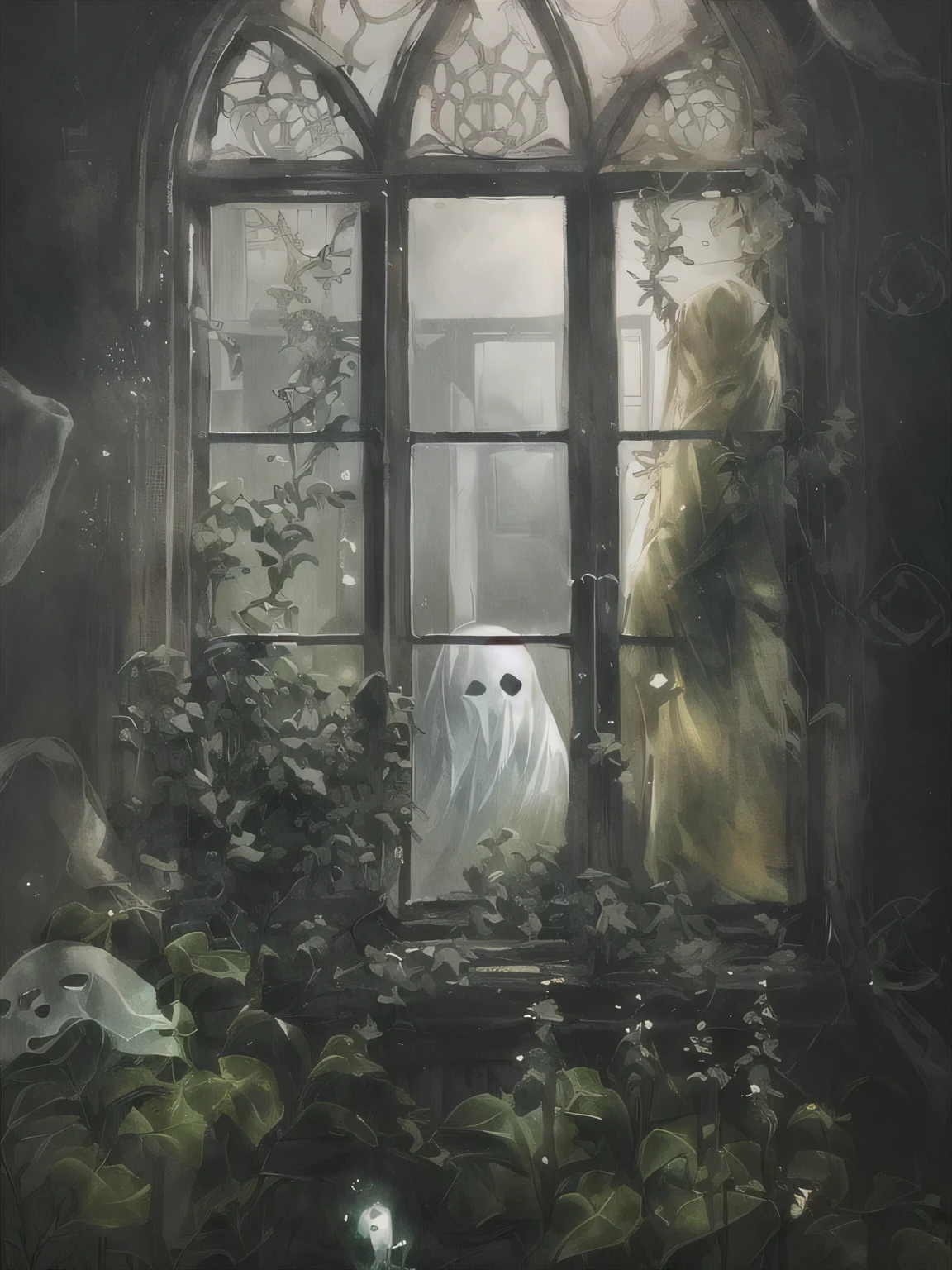 arafed image of a ghost looking out a window in a building, Ghost paintings, ghostly, ghostly atmosphere, ghost, ghost room, ghostly ghost, Creepy, Stephen Keudel, floating ghost, unforgettable appearance, scary ghost, Unforgettable atmosphere, ghosts, enveloped in ghosts, window, In an old house. Surrealism