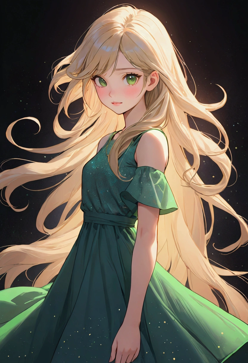 Full body. South Korean webcomic characters. detailed textures to convey realism and depth, with an overall aesthetic similar to webcomic art. Age 24, girl, Hair is naturally straight without bangs, hair color light blond, green eyes. Wear Luxurious dress. the feeling of a weak girl. Looks kind and gullible. When you smile, you have a weak smile, which shows that you have no strength. Overall thin and noble.