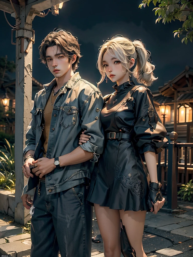 a beautyful woman and a handsome man as couple, romantic vibe, front yard in the night, HDR+, texture crispy