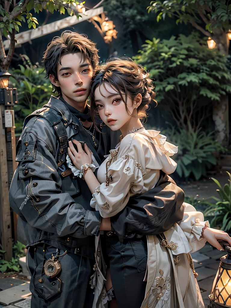 a beautyful woman and a handsome man as couple, romantic vibe, front yard in the night, HDR+, texture crispy