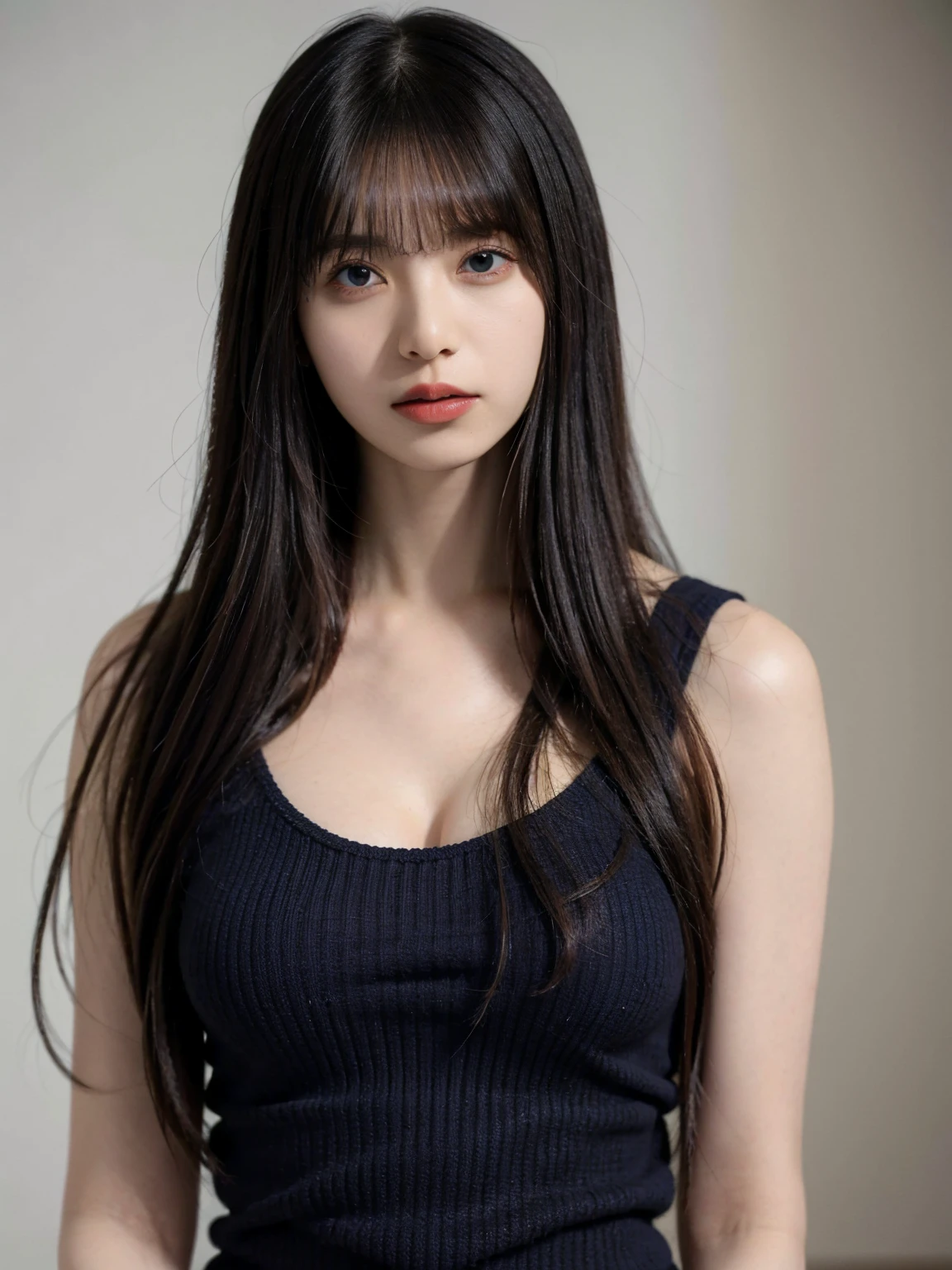 knit strap tanktop, (photorealistic:1.4), (best quality:1.0), (ultra highres:1.0), 8k, RAW photo, (masterpiece:0.2), , zydG, 1girl, detailed skin, looking at viewer, brown eyes, (long hair with bangs:1.2), (large breasts:1.0), (large areolae:0.8), , (pureerosface_v1:0.5)