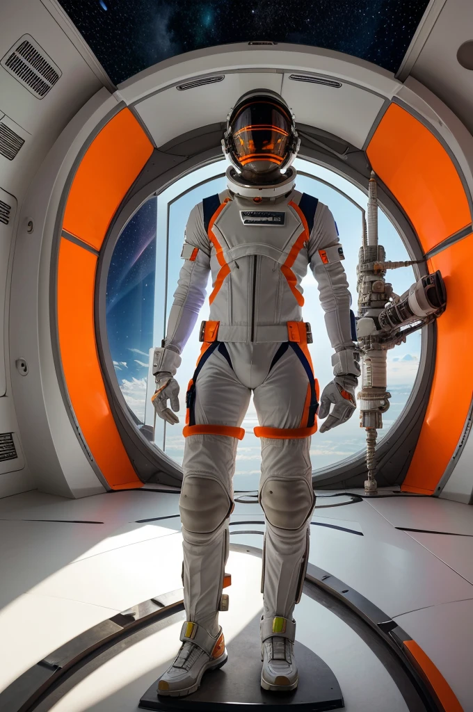 full body view of a beautiful Indian Male wearing a futuristic astronaut helmet with visor covering her face, wearing a tight white space outfit with orange patterns,  black hair with highlights, long leather gloves, on a futuristic platform on a alien planet in the sunset hour close to a starship, soft light, Coming from Gaganyan mission of India with Indian Flag, ISRO WRITTEN ON SPACESHIP