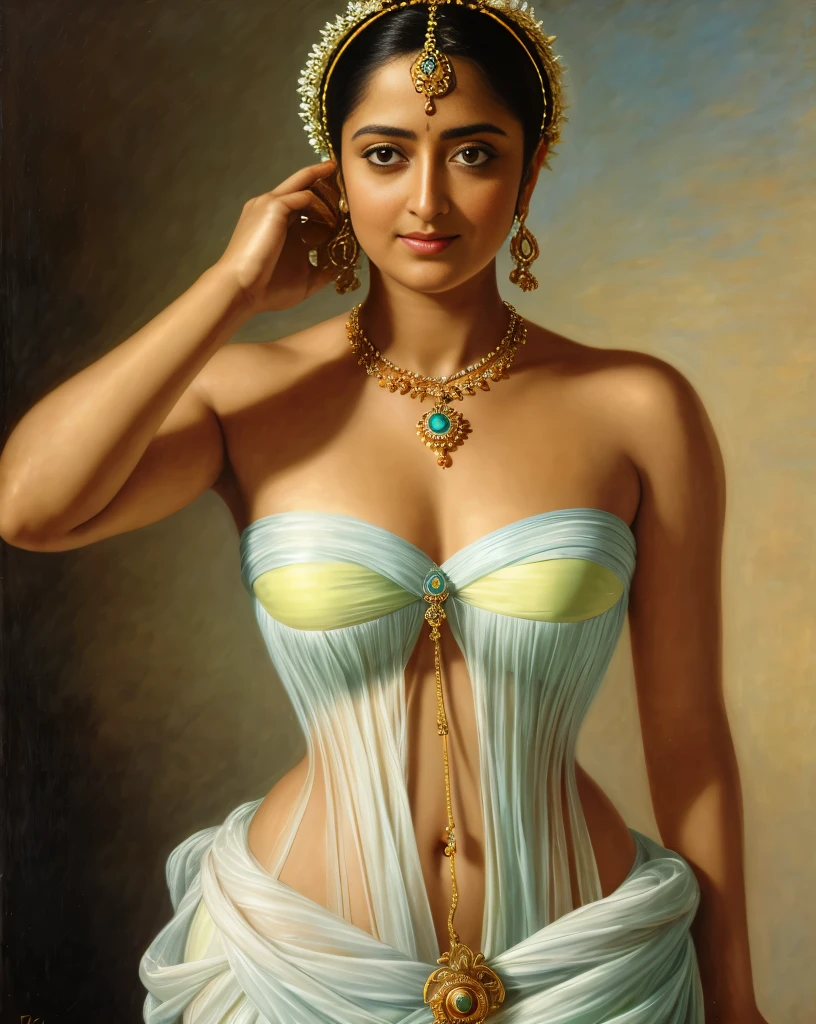 Looks like Anushka Shetty, Masterpiece, Best quality, high clarity eyes, beautifully styled hair, critically flawless,sharp picture, Full portrait, High pixels, perfect face, perfect eyes, beautiful face, perfect hands,perfect fingers, in Peter Paul Rubens style, by Peter Paul Rubens, baroque style, acrylic on canvas, highly detailed, description: "Create a nymph inspired by the tales of Greek or Roman mythology, embodying the essence of a natural element or location, and possessing a unique ability or trait that sets her apart."