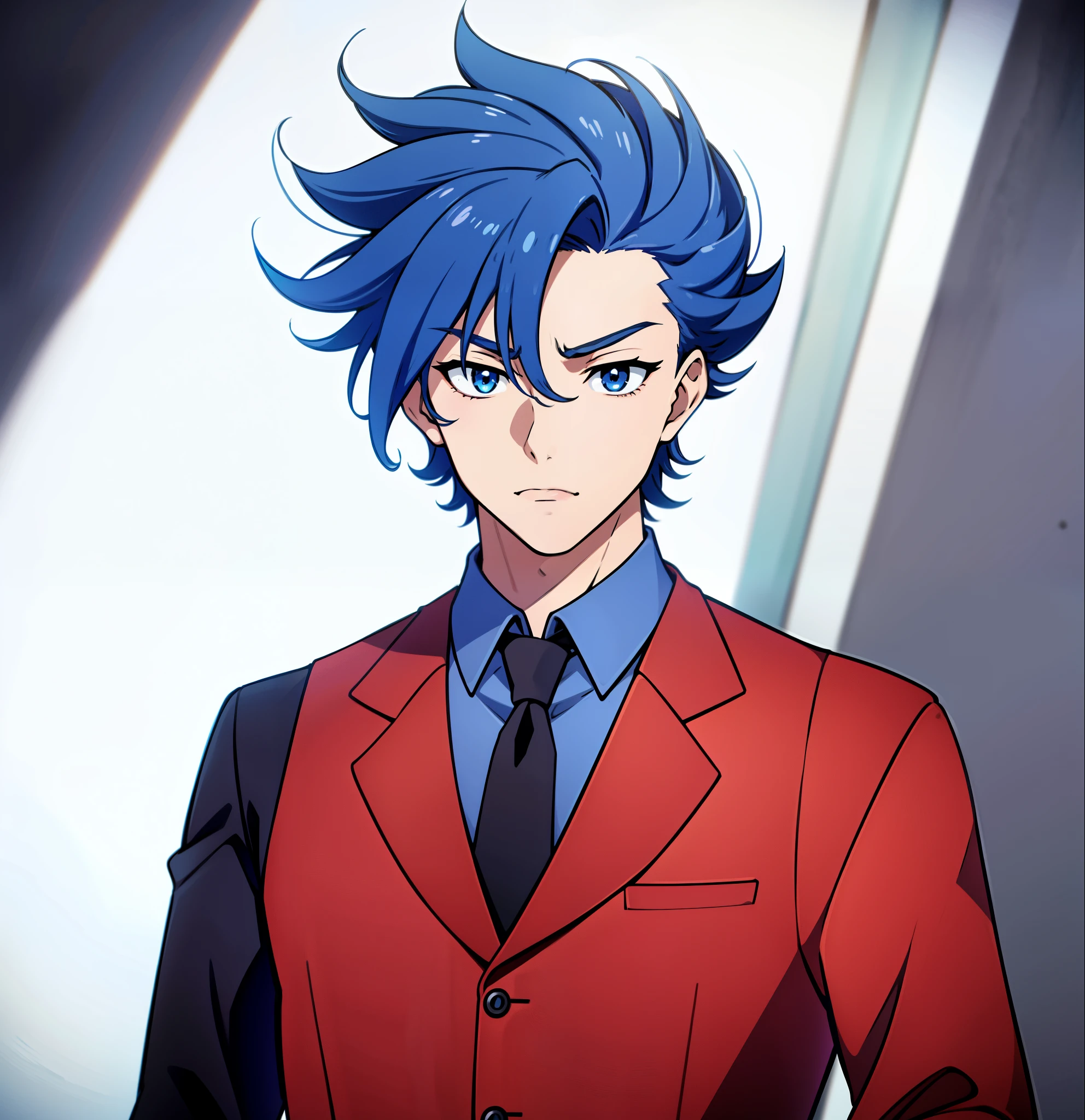 anime boy, mouth open, mouth agape, yawn, mouth wide open, holding glass, dark blue hair, blue eyes, red waistcoat, white shirt (beautiful and aesthetic:1. 5), thick black lineart, clean lineart, perfect lineart, moody lighting, gritty, intense, sharp lineart, best quality, high quality, best quality, ultra-detailed, saturated colours, HD,