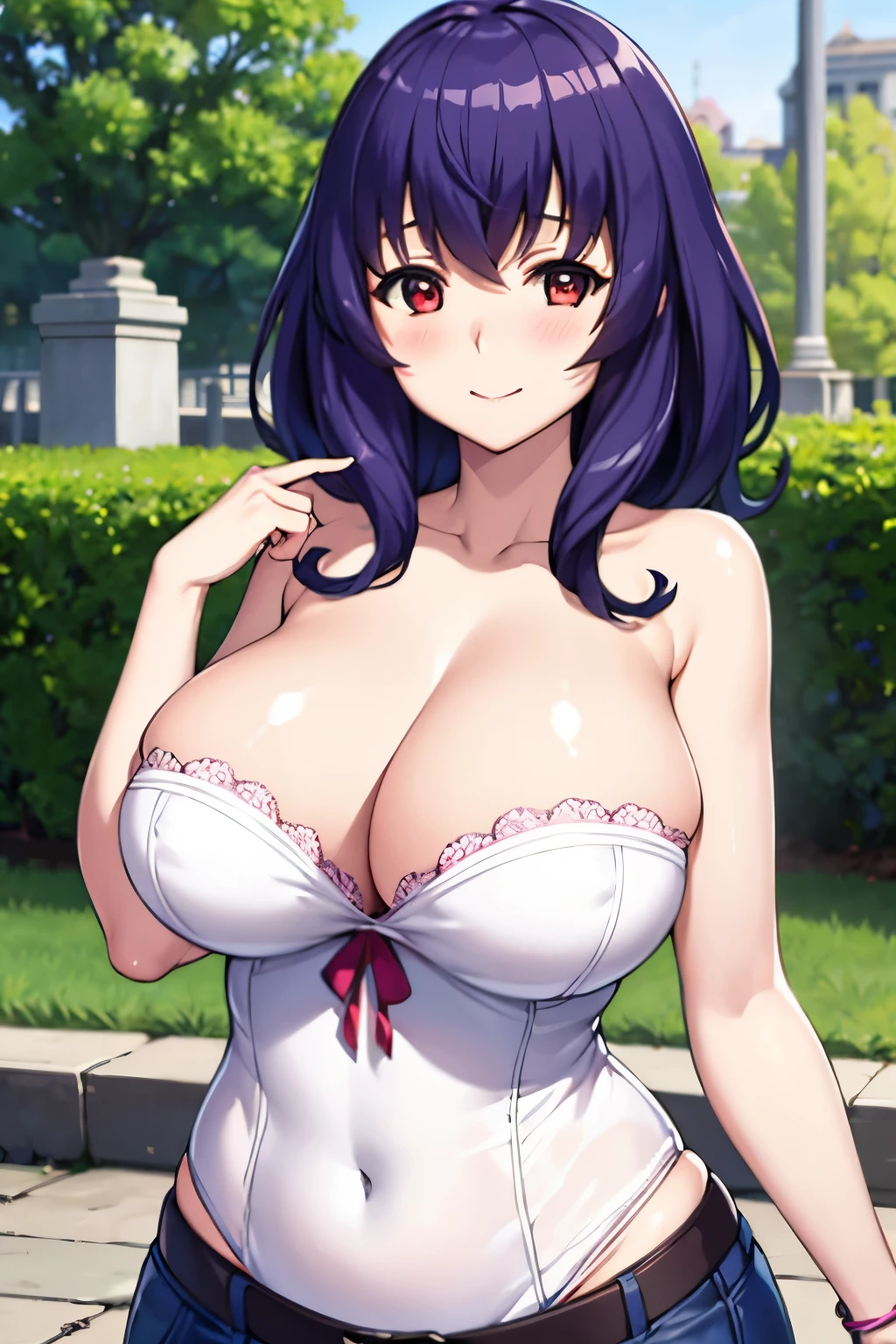 huge breasts, upper body, masterpiece,8k, best quality, good hands, wide hips,good eyes, 1girl, solo, style,parody, high detail hair, maximum detail, intricate detail, extremely clear,ray tracing, smile, shy, blush, embaressed,yamanobe tomo purple hair red eyes medium hair huge breasts, mature female,undoing bra,wholesome,smile, blush, strapless, busty, curvy, embaressed