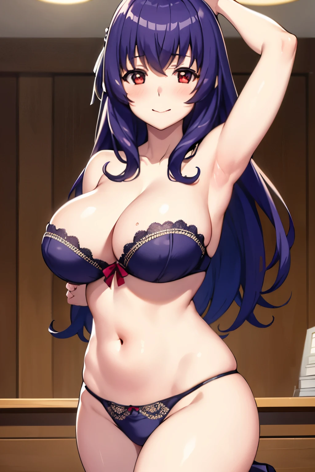huge breasts, upper body, masterpiece,8k, best quality, good hands, wide hips,good eyes, 1girl, solo, style,parody, high detail hair, maximum detail, intricate detail, extremely clear,ray tracing, smile, shy, blush, embaressed,yamanobe tomo purple hair red eyes medium hair huge breasts, mature female,undoing bra,wholesome,smile, blush, strapless, busty, curvy, embaressed