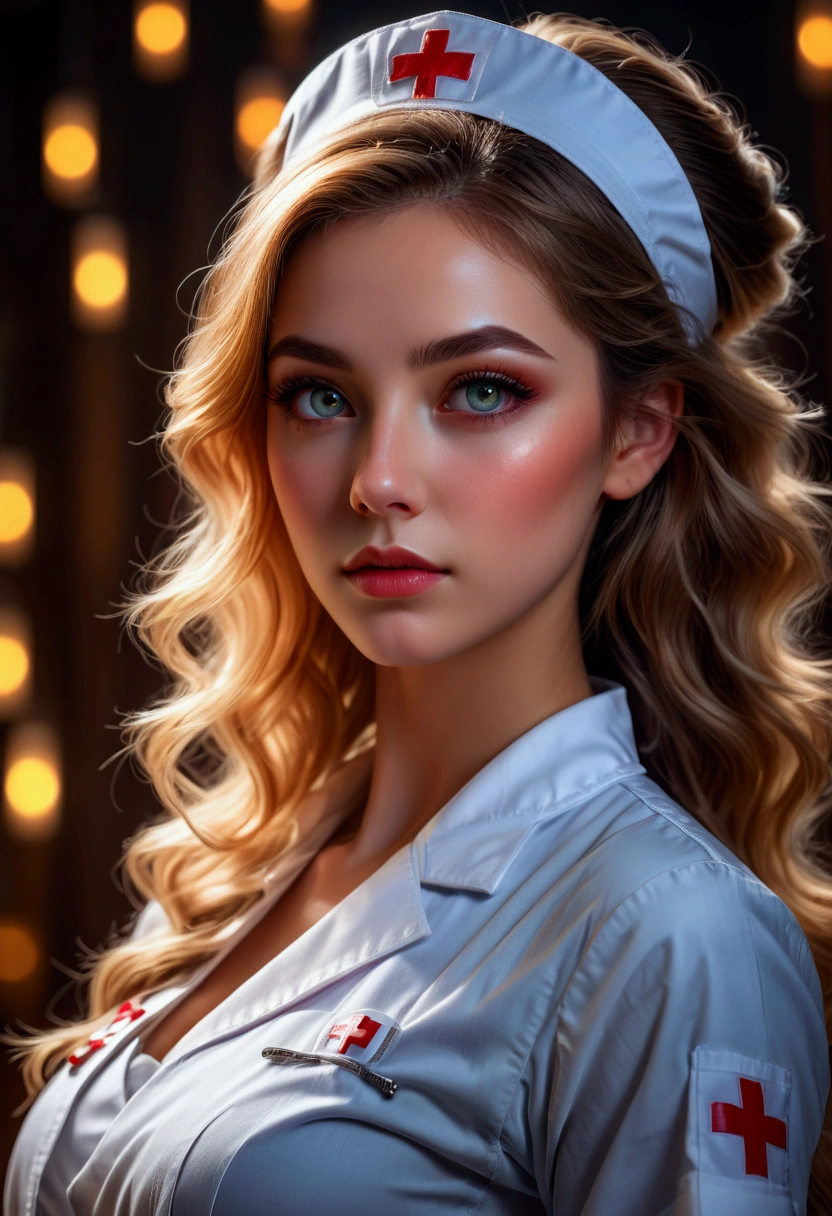1girl, Nurse, a beautiful nurse, beautiful detailed eyes, beautiful detailed lips, extremely detailed face and portrait, longeyelashes, (4k,8k,highres:1.2), ultra-detailed, HDR, UHD, studio lighting, ultra-fine painting, sharp focus, physically-based rendering, extreme detail description, professional, vivid colors, bokeh, portrait, cinematic lighting, warm color tones, glowing skin, masterpiece, best quality, very aesthetic, absurdres