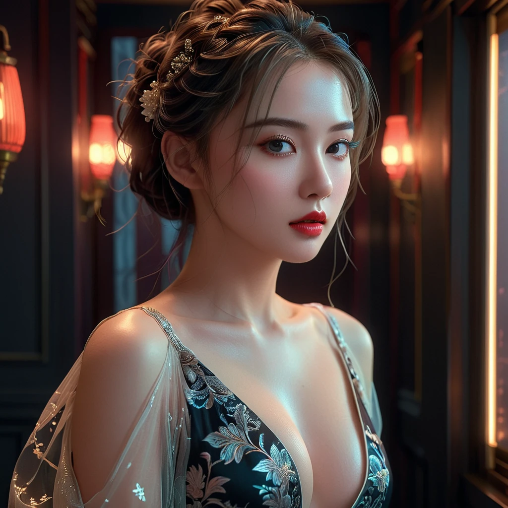 a beautiful elegant courtesan wearing a night dress, elegant hairstyle, beautiful detailed eyes, beautiful detailed lips, extremely detailed face and features, delicate facial features, erotic pose, in a narrow room, dark tones, masterpiece, 8k, photorealistic, concept art, glowing neon、glowneon