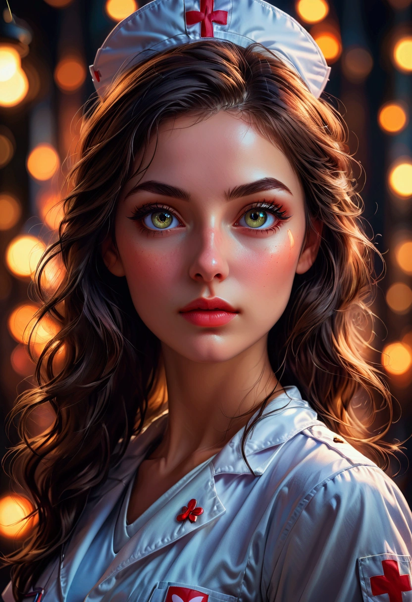 1girl, Nurse, a beautiful nurse, beautiful detailed eyes, beautiful detailed lips, extremely detailed face and portrait, longeyelashes, (4k,8k,highres:1.2), ultra-detailed, HDR, UHD, studio lighting, ultra-fine painting, sharp focus, physically-based rendering, extreme detail description, professional, vivid colors, bokeh, portrait, cinematic lighting, warm color tones, glowing skin, masterpiece, best quality, very aesthetic, absurdres