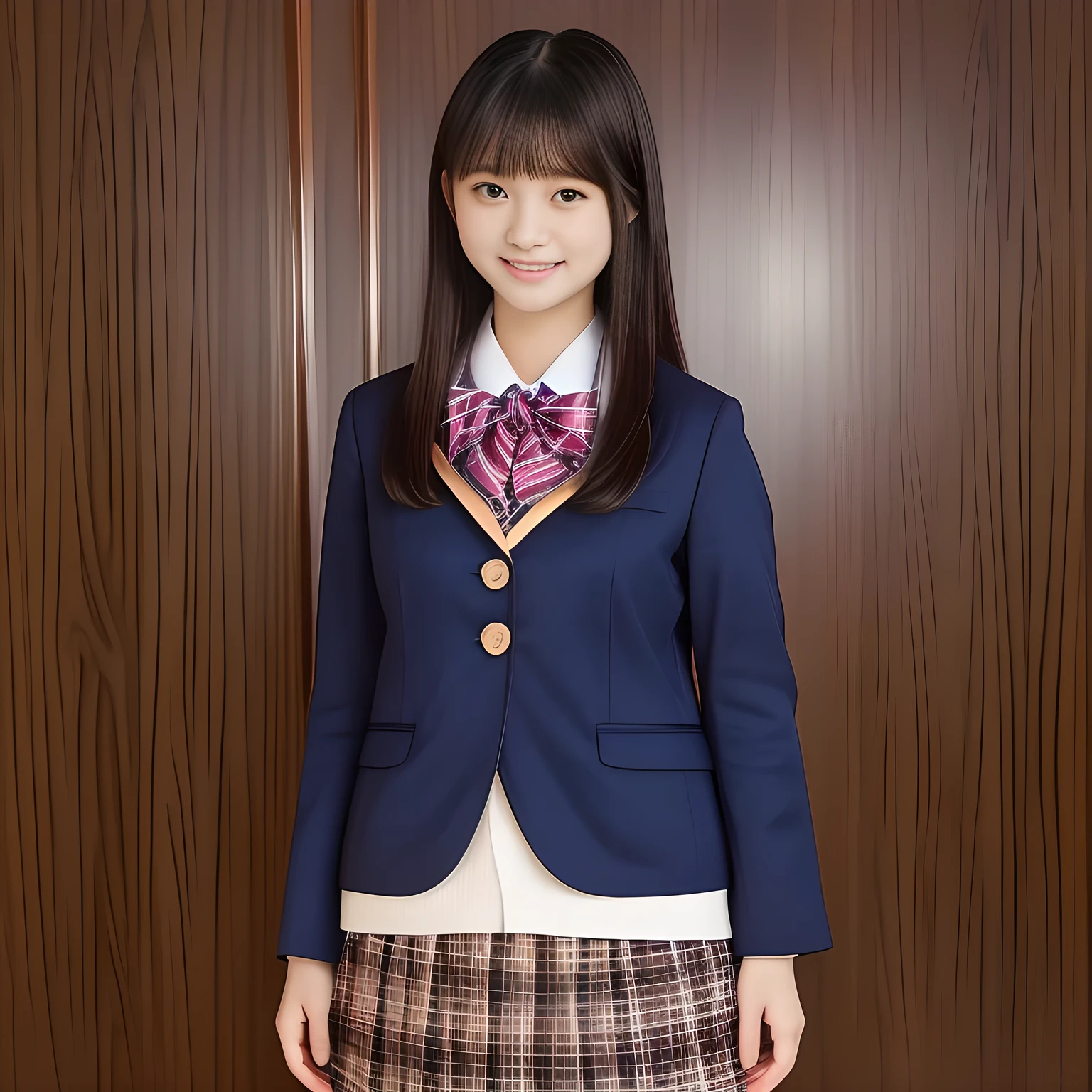 (Highest quality, masterpiece:1.2), Highest quality, High resolution, 1080P, 8k, height: 158cm, ((A noble, graceful and intelligent girl who looks like a best proportion Japanese young lady is turning around and giggling in a strong wind)), ((So sweet, very noble, neat, and pretty 14yo Japanese beautiful cute girl)), ((A real, very girly, sweet, cute and noble girl)), ((((A beautiful Japanese 14yo cute fashion model)))), ((((Very pure white face and limbs)))), Glossy Lips, (Evenly cut bangs), ((Very beautiful, droopy, cute, pure, noble brown eyes)), ((Super long, black straight hair that reaches the floor)), (Very shiny, glossy Lips), ((Beautiful straight hair like a school promotion model)), Watch at you, ((Incredibly well organized, Rich facial expressions)), ((Plump and beautiful white skin and face)), ((Pure, clear, gentle brown eyes)), ((staring at me)), Glossy Lips, ((noble and elegant)), Very beautiful blue skirt, ((Large upward-curving lips)), ((((Navy Japanese school blazer with noble golden emblem)))), ((Navy and sapphire blue Japanese school uniform)), ((Tartan check pattern dark blue pleated long skirt)), ((Cobalt blue string chest ribbon)), ((((An ecstatic expression of boundless joy)))), (((Beauty and fashion magazine for young girls))), (Pretty eyes and faces with detailed:1.6),