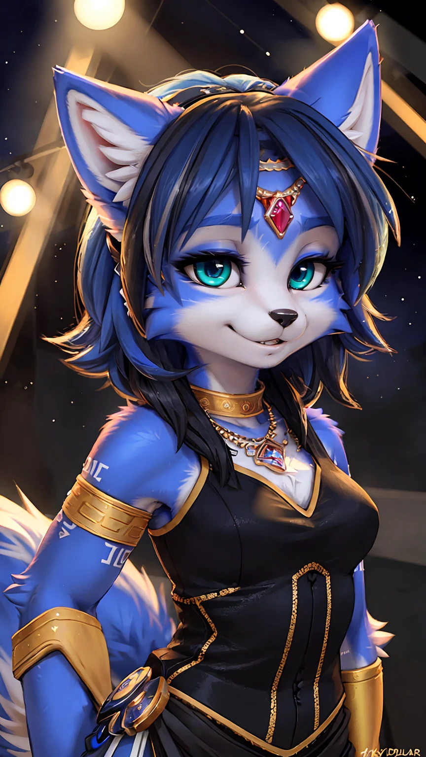 A beautiful and detailed (sweet portrait) wa ((krystal)), Star Fox krystal, sslim, green eyes, medium breasts, (((Long blue hair 1.3))), Decollete, look up, anthro, furry, Uploaded E621, detailed fluffy fur, (wa Fluff-Kevlar, Bayard Wu, personalize me, Pino Daeni), detailed face, (fluffy), 1 girl, alone, Sweet young girl, long blonde hair with black highlights, black eyeliner, black mascara), wear sexy gothic clothes, hochper body shot, winks, Grinning