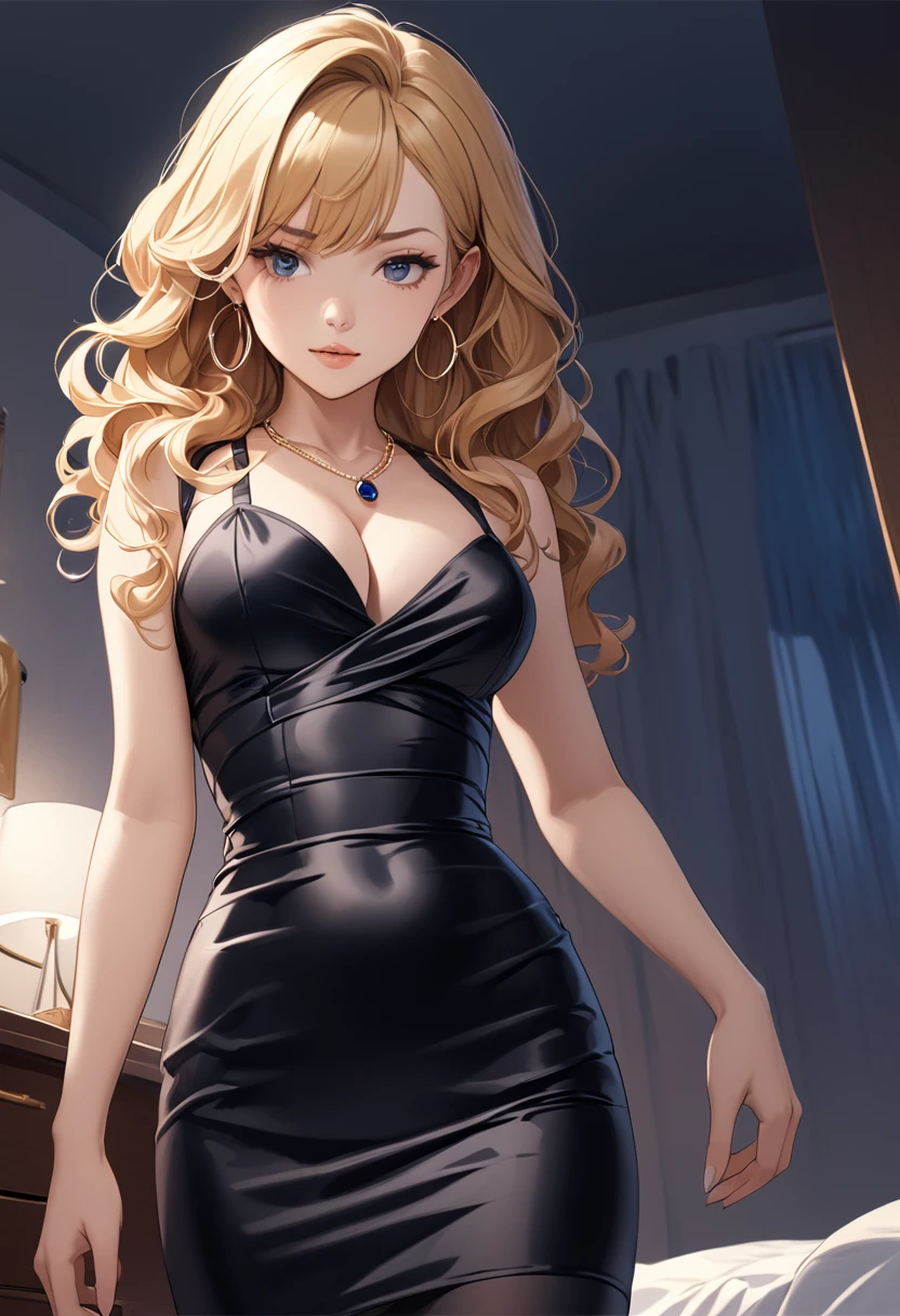 detailed illustration, dynamic angle, ultra-detailed, illustration, 1girl, long wavy blonde hair, black clubbing dress, tight dress, medium breasts, cleavage, hoop earrings, saphire necklace, , bedroom, night, getting dressed