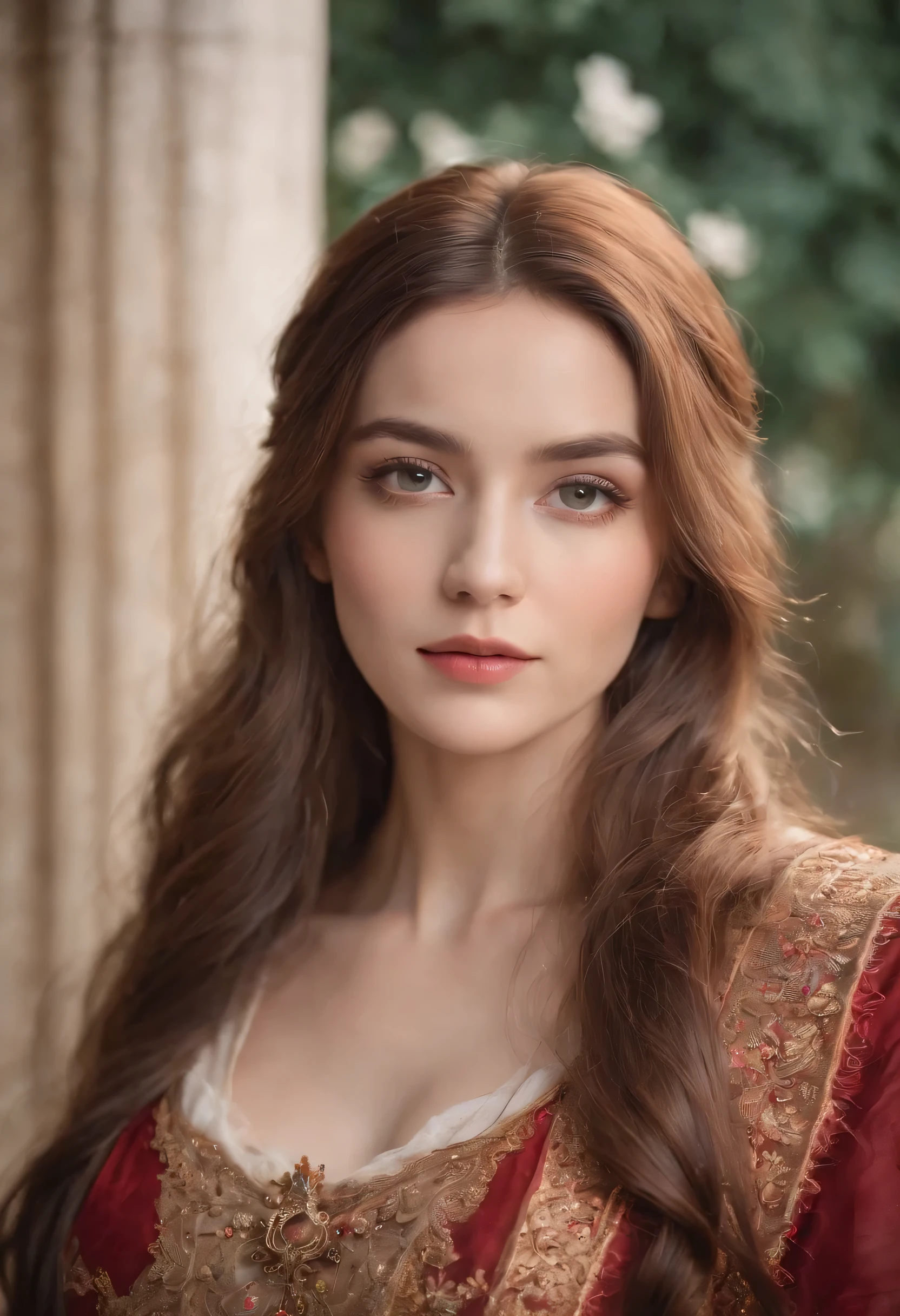 (highres:1.2),vibrant colors,detailed eyes and face,soft lighting,portrait,beautiful glowing skin,long flowing hair,expressive pose,natural scenery,historical architecture,delicate jewelry,ethereal atmosphere,serene expression,enchanted garden,subtle makeup,graceful posture,traditional costume,sublime beauty,feminine features.