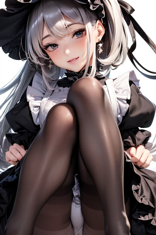 #基本
A girl is posing for a photo, ((One Girl)), (((Baby Face:1.2)) + ((cute:1.3))),
#A girl is posing for a photo, ((One Girl)), (((Baby Face)) + ((cute)) + ),
break
#Clothing Accessories
(((Black and white)Gothic Lolita styled outfit) : Elegant + (Dirndl) + Gothic Lolita Fashion +k Gothic Lolita + (Black and e)jabot + (black corset) + ((Black and white)Headdress) + (White apron)) + (Low denier black pantyhose:1.4) + (Black High Heels),
red gem earrings,
break
#Features
((Silver Hair:1.4)), (I can see a beautiful forehead:1.3), (ponytail : A little short hair + Curly hair + Fuller Hair),
(Droopy eyes, blue eyes, (Big eyes:1.2)), (Very small breasts),
break
#background environment
(noon, (The garden of a large Western-style mansion + grass + Garden of roses + The sun shines on the girl)),
#Facial Expression Pose
((smile:1.3), blush), (Showing cuteness in a sly way, ((Sitting with legs crossed))),
#composition
(To the camera, (Dynamic Focus), (Capture your feet clearly)),
break
#Body parts elements
(Slim figure),
(Detailed Hair, Beautiful Hair, Shiny Hair),
(double eyelid, Long eyelashes),
(Expression of fine eyes, Beautiful and delicate eyes, Sparkling eyes, Eye Reflexes, Glitter Eyeliner),
(Human Ear),
(Beautiful Nose, Thin Nose),
(Glossy Lips, Beautiful Lips, Thick lips, Glossy Lips, Natural Cheeks),
(Detailed face, Symmetrical facial features),
(Detailed skin, Textured skin, Beautiful Skin, Glowing Skin),
break
#Quality Image Quality Common
(((Highest quality)), ((masterpiece)), ((Very detailed))), ((High resolution)), ((16K,1080P)),
(Anatomically correct), (Realistic), (3DCG),
#Quality image illustration
((comics, anime)), CG illustration,