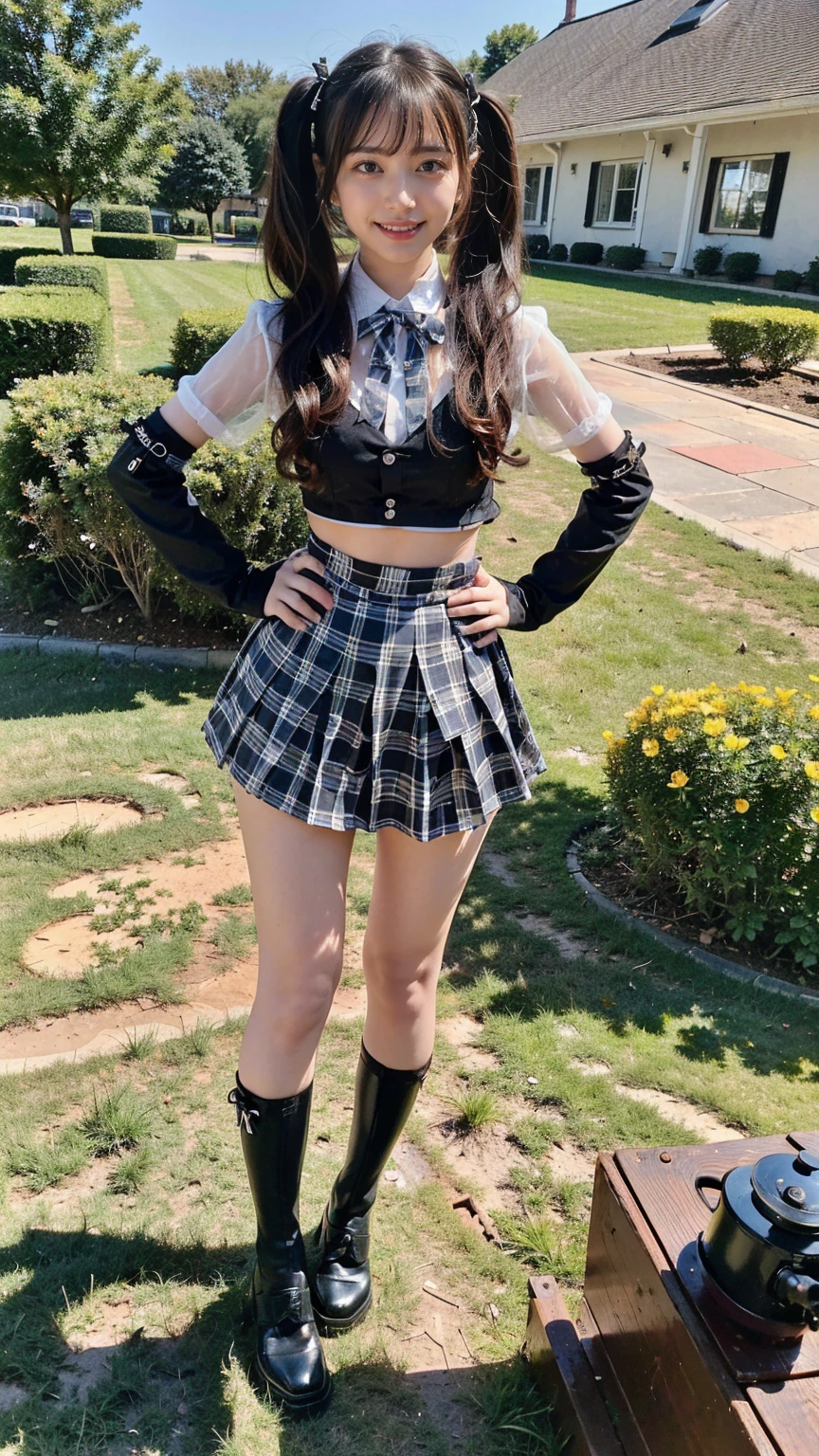 (8k、RAW Photos、Highest quality、masterpiece:1.2)、(Realistic、Realistic)、1 Girl、((See-through、Twin tails、Idol Costume、Exposed Skin、ribbon、Light blue and black checked mini skirt、Frilledium Hair、smile、whole body、boots、garden、View from the front、Looking at the camera、Hands on your hips))、cute