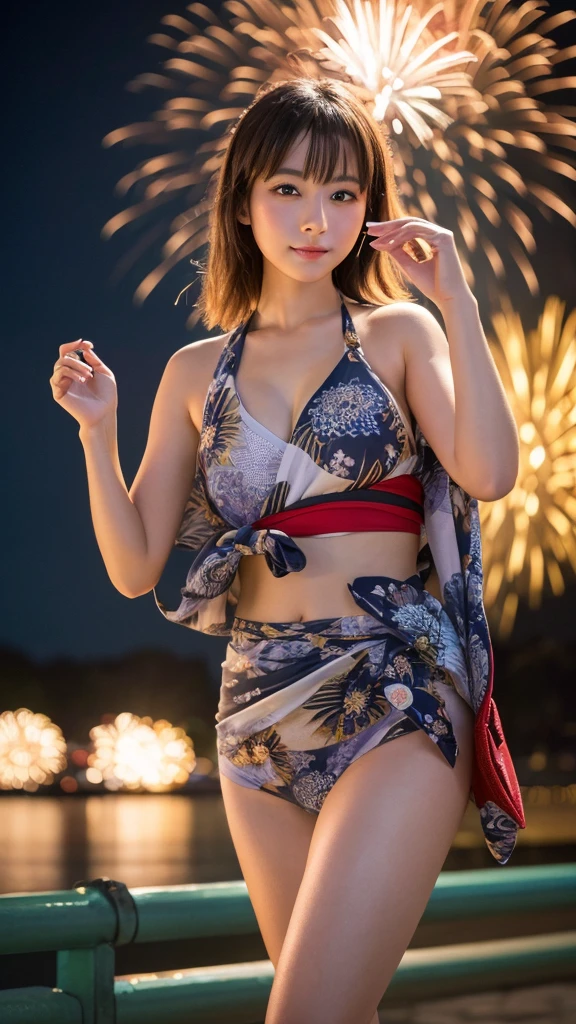 (Highest quality, 8k, masterpiece: 1.3),Fine grain Highly detailed face and skin Beautiful legs Fireworks display yukata