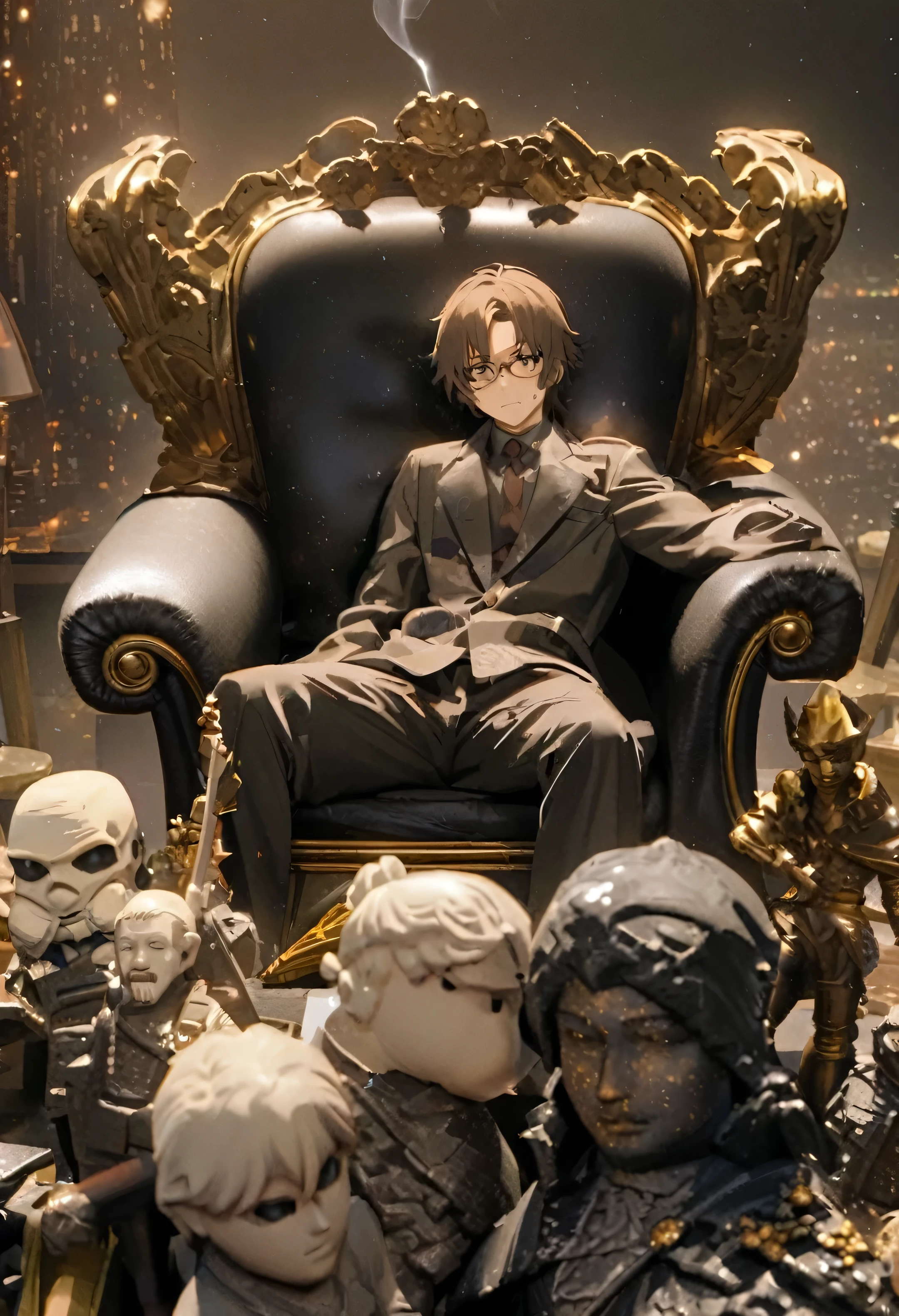 Sleeve cover style, detailed.
best quality, art, detailed face, in the style of Lora Marvin.
(26-year-old man) (young intellectual) (unkempt and authentic appearance) (messy dark brown hair) (wears thick-rimmed glasses) (1.74 m tall) (his skin is pale) (dark circles under his eyes) (black clothing) (small scar on left eyebrow) (may be depicted as a central figure, with a bored and disillusioned expression, perhaps smoking a cigarette while reclining on a cosmic throne. The throne may be a contrast between something magnificent and something more banal, such as an old sofa or office chair.)
(The background may show a mix of infinite space and a run-down urban scene. For example, stars and galaxies in the background with a dirty, chaotic city visible in the foreground, creating a visual effect that reflects the irony of absolute power)