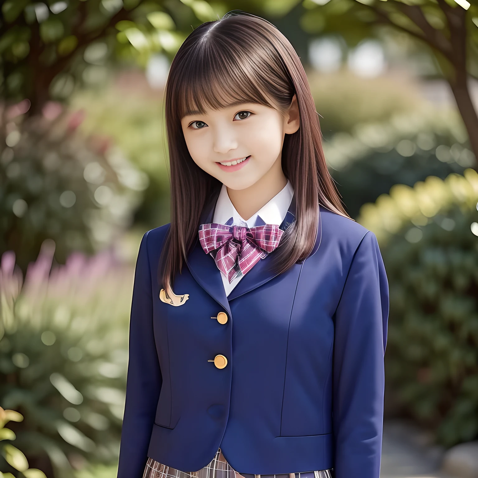(Highest quality, masterpiece:1.2), Highest quality, High resolution, 1080P, 8k, height: 158cm, ((A noble, graceful and intelligent girl who looks like a best proportion Japanese young lady is turning around and giggling in a strong wind)), ((So sweet, very noble, neat, and pretty 14yo Japanese beautiful cute girl)), ((A real, very girly, sweet, cute and noble girl)), ((((A beautiful Japanese 14yo cute fashion model)))), ((((Very pure white face and limbs)))), Glossy Lips, (Evenly cut bangs), ((Very beautiful, droopy, cute, pure, noble brown eyes)), ((Super long, black straight hair that reaches the floor)), (Very shiny, glossy Lips), ((Beautiful straight hair like a school promotion model)), Watch at you, ((Incredibly well organized, Rich facial expressions)), ((Plump and beautiful white skin and face)), ((Pure, clear, gentle brown eyes)), ((staring at me)), Glossy Lips, ((noble and elegant)), Very beautiful blue skirt, ((Large upward-curving lips)), ((((Navy Japanese school blazer with noble golden emblem)))), ((Navy and sapphire blue Japanese school uniform)), ((Tartan check pattern dark blue pleated long skirt)), ((Cobalt blue string chest ribbon)), ((((An ecstatic expression of boundless joy)))), (((Beauty and fashion magazine for young girls))), (Pretty eyes and faces with detailed:1.6),