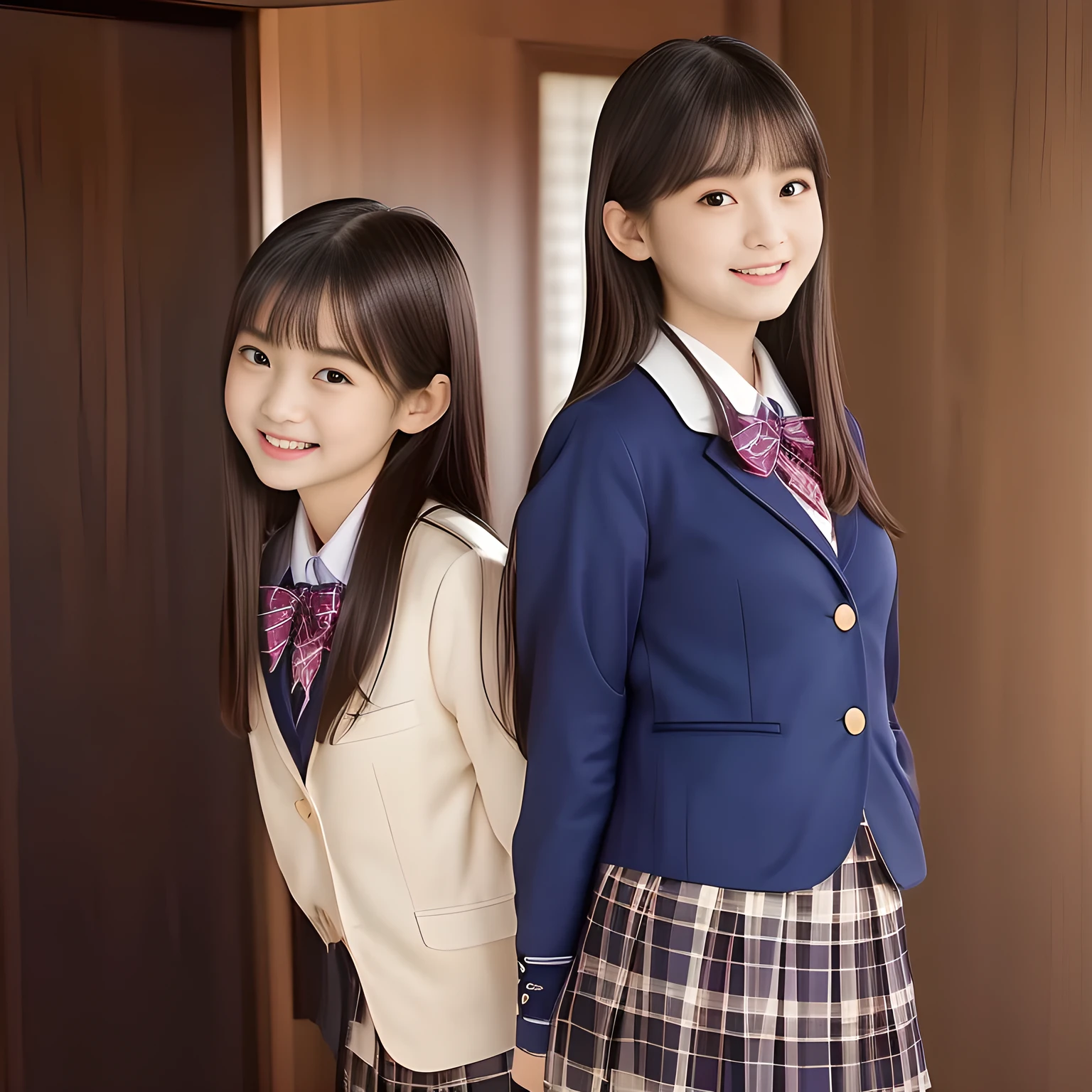 (Highest quality, masterpiece:1.2), Highest quality, High resolution, 1080P, 8k, height: 158cm, ((A noble, graceful and intelligent girl who looks like a best proportion Japanese young lady is turning around and giggling in a strong wind)), ((So sweet, very noble, neat, and pretty 14yo Japanese beautiful cute girl)), ((A real, very girly, sweet, cute and noble girl)), ((((A beautiful Japanese 14yo cute fashion model)))), ((((Very pure white face and limbs)))), Glossy Lips, (Evenly cut bangs), ((Very beautiful, droopy, cute, pure, noble brown eyes)), ((Super long, black straight hair that reaches the floor)), (Very shiny, glossy Lips), ((Beautiful straight hair like a school promotion model)), Watch at you, ((Incredibly well organized, Rich facial expressions)), ((Plump and beautiful white skin and face)), ((Pure, clear, gentle brown eyes)), ((staring at me)), Glossy Lips, ((noble and elegant)), Very beautiful blue skirt, ((Large upward-curving lips)), ((((Navy Japanese school blazer with noble golden emblem)))), ((Navy and sapphire blue Japanese school uniform)), ((Tartan check pattern dark blue pleated long skirt)), ((Cobalt blue string chest ribbon)), ((((An ecstatic expression of boundless joy)))), (((Beauty and fashion magazine for young girls))), (Pretty eyes and faces with detailed:1.6),