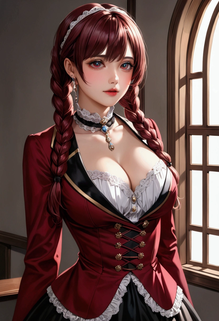 Masterpiece, best quality, 1_woman, (upper 
Masterpiece, best quality, 1_woman, (upper body), (Caucasian skin_complexion) (looking away from the viewer) long double hair braids, dark red hair, diamond shaped eyes, , large_bust, chest window, cleavage, dark red (Victorian blazer),tan halter top blouse, double button breast, long dark red (Lolita skirt), silver trim, black tights, barefoot, small waist 