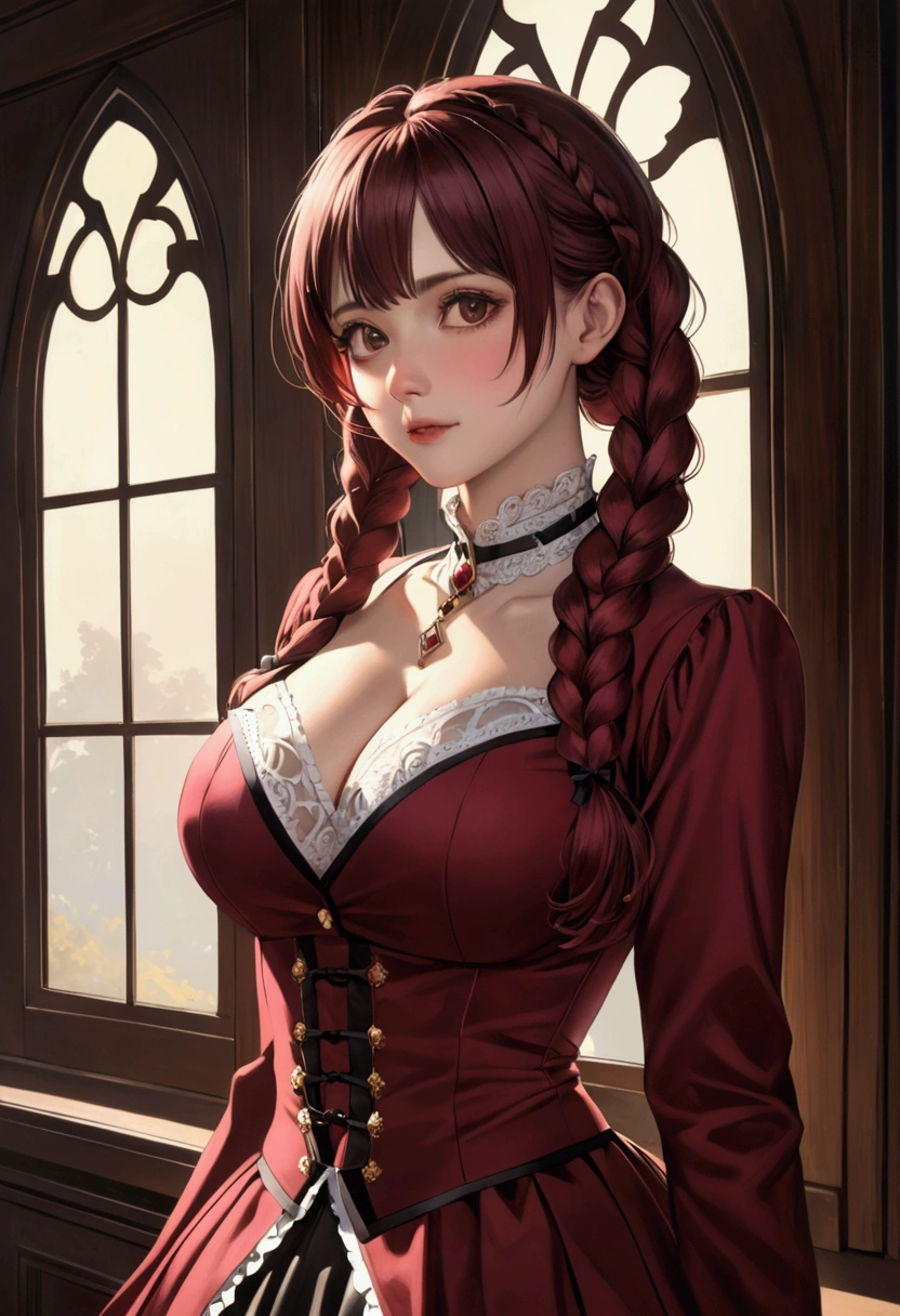 Masterpiece, best quality, 1_woman, (upper
Masterpiece, best quality, 1_woman, (upper body), (Caucasian skin_complexion) (looking away from the viewer) long double hair braids, dark red hair, diamond shaped eyes, , large_bust, chest window, cleavage, dark red (Victorian blazer),tan halter top blouse, double button breast, long dark red (ta skirt), silver trim, black tights, barefoot, small waist
