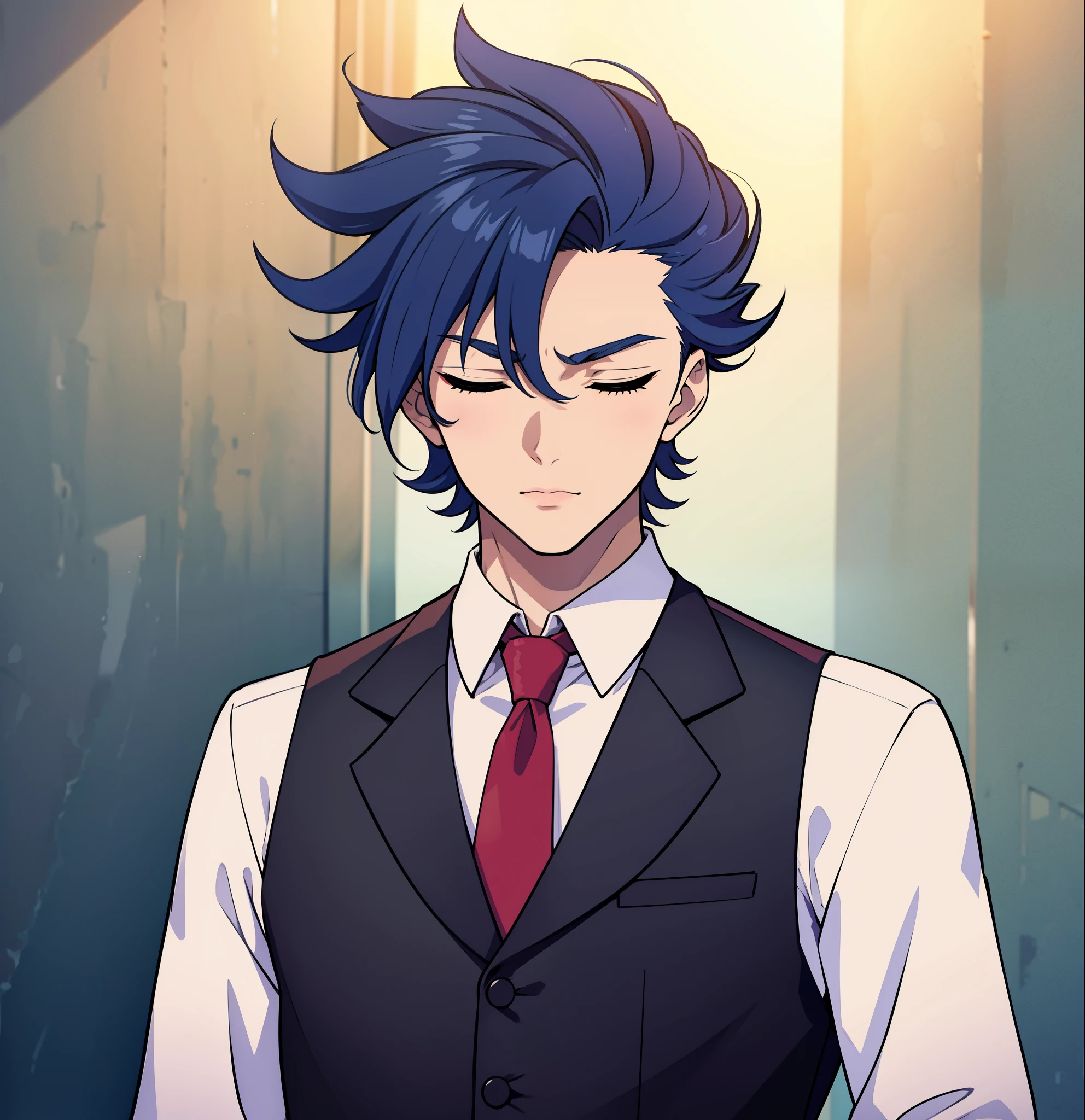 anime boy, mouth open, mouth agape, eyes closed, blink, mouth wide open, holding glass, dark blue hair, red waistcoat, white shirt (beautiful and aesthetic:1. 5), thick black lineart, clean lineart, perfect lineart, moody lighting, sharp lineart, best quality, high quality, best quality, ultra-detailed, saturated colours, HD,