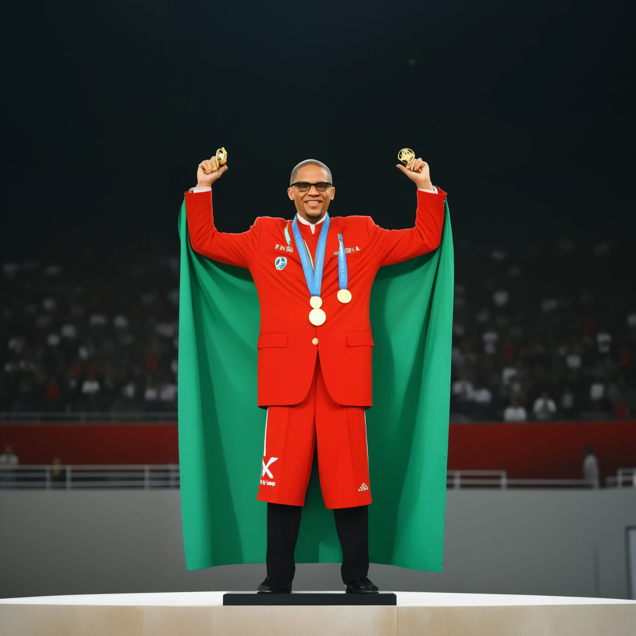 create an image of Malcolm X atop the podium in the middle of a world sports olympics stadium winning gold medals and holding a gold trophy, dressed in a red olympic uniform, black and green celebrating with a victory face