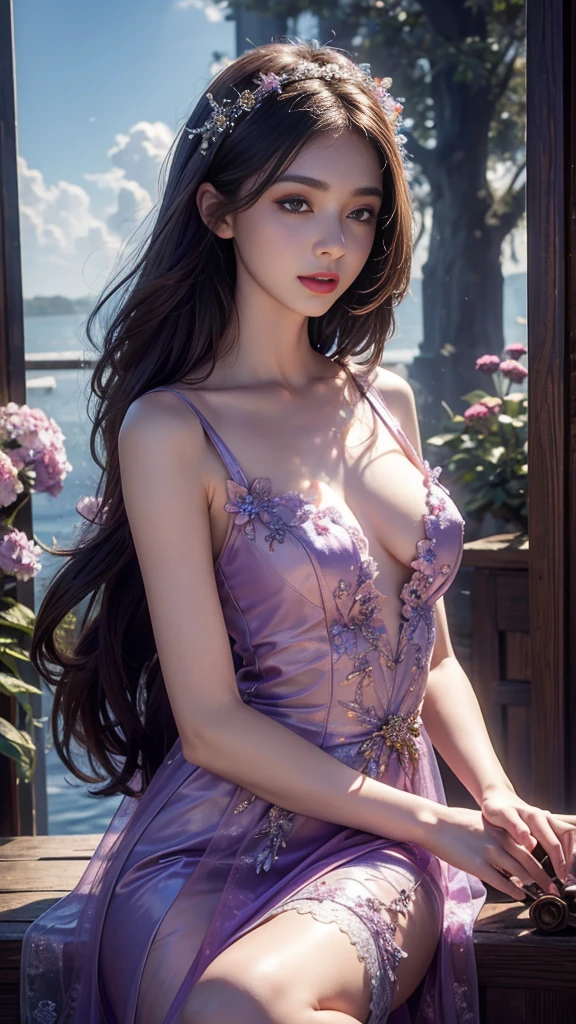 8K, UHD, masterpiece, 1 girl, good face, very long hair, detailed eyes, detailed lips, light makeup, small breasts, fairytale dress, purple dress, lace, stocking, in the cloud, cloudy sky, flowers, water, heaven, flying birds, dim lighting, realistic shadow, bloom, ray tracing,