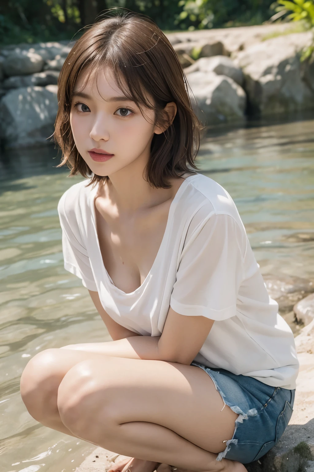 realistic, photogenic, short length brown hair, hair fluttering in the wind, beautiful white-colored translucent skin, a little sunburned, slendar figure, small mouth, small nose, smooth shaped jawline, glossy face, realistic figure, no-makeup, natural lip color without lipstick, the natural skin color without makeup around eyes, moving closer to me to kiss, very shy expression, feeling-hot-flushed expression, leaning forward and crouching in a very shallow river, wearing white T-shirt, soaking wet T-shirt, loose in the chest, opened at the chest, loose-fitting short-inseam dennim shorts, very close-up shoot, angle looking down from above