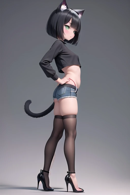 (masterpiece, best quality), 1girl, small breasts, small hips, green eyes, CUTE FACE, BLUSHED CHEEKS, SHY GIRL, BLACK HAIR, CAT EARS, BOB CUT HAIR, BLACK crop top, denim shorts, striped thighhighs, ((FOCUS WEAR HIGH HEELS)) , hands on the hips, (((FOCUS WHOLE BODY VIEW))), (((FOCUS SIDE VIEW))),  bedroom, striped thighhighs, pervert.