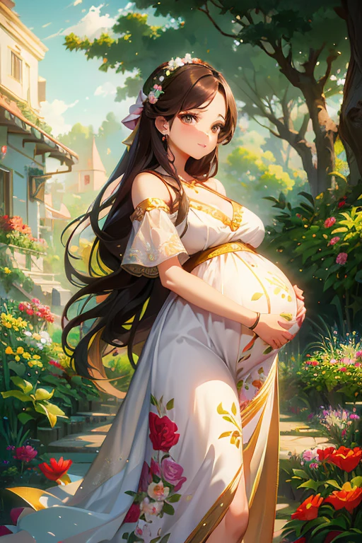 a painting of a pregnant woman with long brown hair, digital cartoon painting art, beautiful digital illustration, cute digital art, a beautiful artwork illustration, cartoon digital painting, blur floral garden open sky background