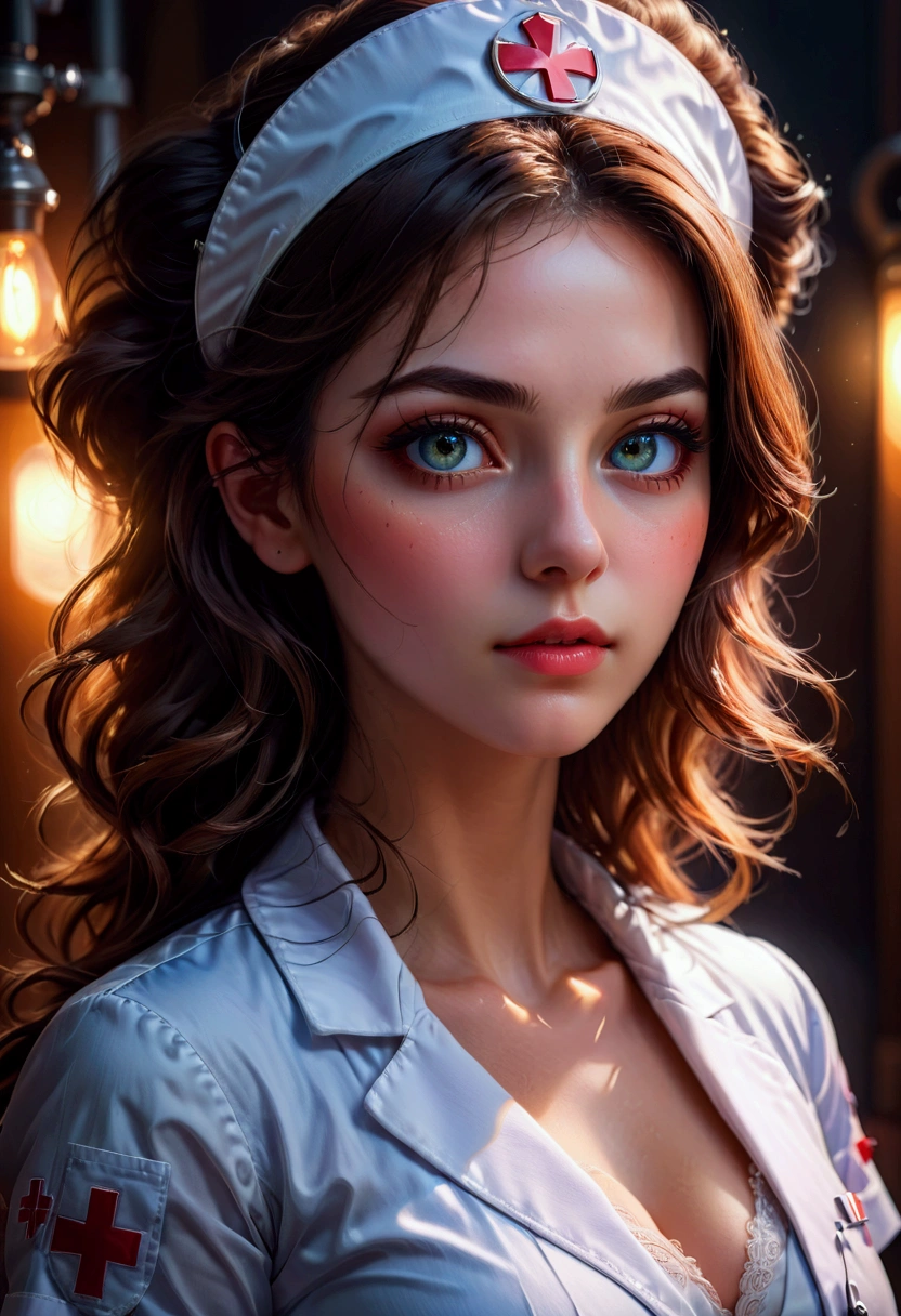 1girl, Nurse, a beautiful nurse, beautiful detailed eyes, beautiful detailed lips, extremely detailed face and portrait, longeyelashes, (4k,8k,highres:1.2), ultra-detailed, HDR, UHD, studio lighting, ultra-fine painting, sharp focus, physically-based rendering, extreme detail description, professional, vivid colors, bokeh, portrait, cinematic lighting, warm color tones, glowing skin, masterpiece, best quality, very aesthetic, absurdres