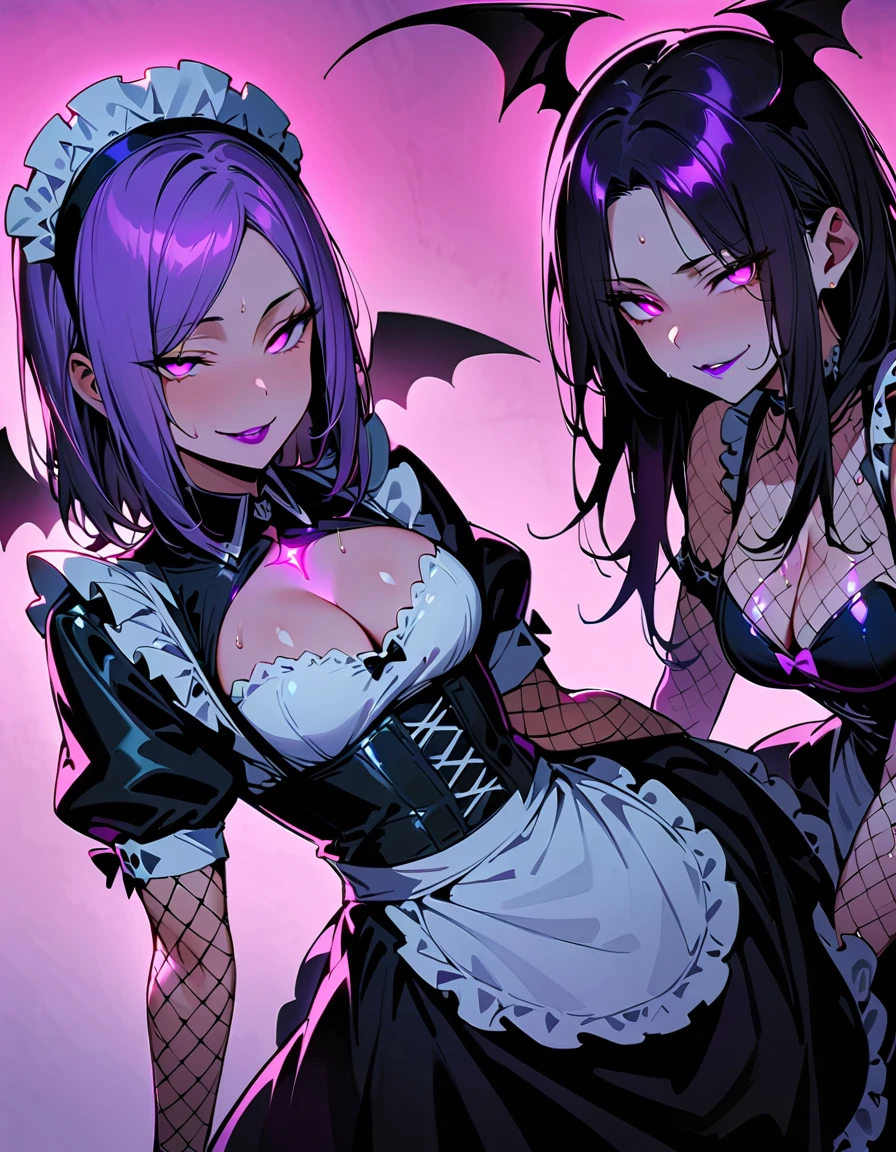 Two beautiful mature women:1.3,Sisters,(Detailed Description,Incredibly absurd,High resolution,8k wallpaper,masterpiece,Highest quality,Depth of region,Anatomically accurate depiction),(Glowing Skin,Shiny skin,Oilskin),((Succubus disguised as a maid)),(Black and white latex maid outfit,Maid Skirt,corset,Fishnet tights,small devil wings),eyelash,(Luminous purple eyes,Eyes of Madness,There is cleavage in the chest,Wicked Smile,Glossy lipstick,A seductive gesture by two people:1.3,Half-closed eyes:1.2),Sweat,(whole body),Pink light,