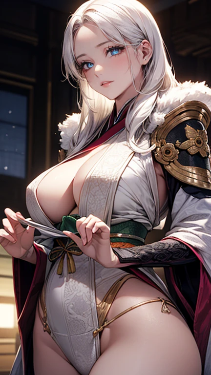 (masterpiece:1.2, Highest quality), (Realistic, photoRealistic:1.4), Beautiful illustrations, (Natural Side Lighting, Cinema Lighting), Looking at the audience, Upper Body, (Front view), 1 girl, Perfect Face, Symmetrical cute face, Glowing Skin, Baby Face, Long eyelashes, (Large Breasts), (Wide Hips),Beautiful Hair, Beautiful Face, Beautiful and beautiful eyes, Beautiful body, Beautiful breasts, Beautiful thighs, Beautiful feet, Beautiful fingers,(Beautiful views),(Cute Smile:1.2, Excellent), Japanese, high school girl,(Long Hair:1.8, Straight hair:1.7, White Snow Hair), Parted bangs, Emerald green eyes, Long eyelashes, (Thick thighs),The whole body is visible, Dynamic Angle, Perfect body,Very embarrassing panic smile, A character based on the Sengoku warlord Tokugawa Ieyasu,Her outfit incorporates Tokugawa Ieyasu's distinctive armor and symbols.、Expressing elegance and strength,The background is a dynamic seascape in the style of Katsushika Hokusai.、The colors are vivid and the touch is full of movement.