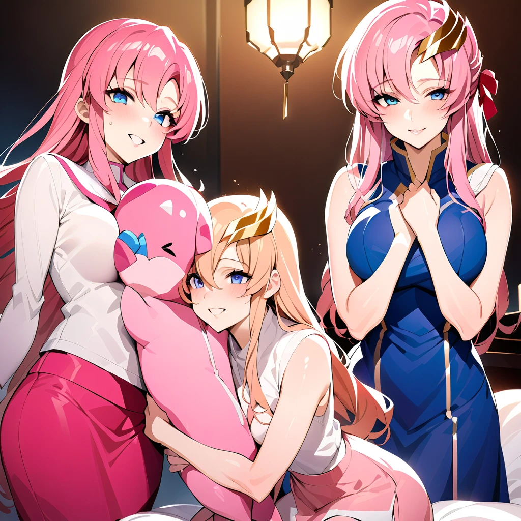 ((Highest quality)), ((masterpiece)), (detailed), （Perfect Face）、The woman is Lacus Clyne, with blue eyes, medium-long pink hair, a hair accessory, the clothes of a follower of a suspicious religious organization, and an engagement ring.、The woman is an ardent follower of a mysterious religious group, and serves her beloved middle-aged, bearded guru, who embraces her.