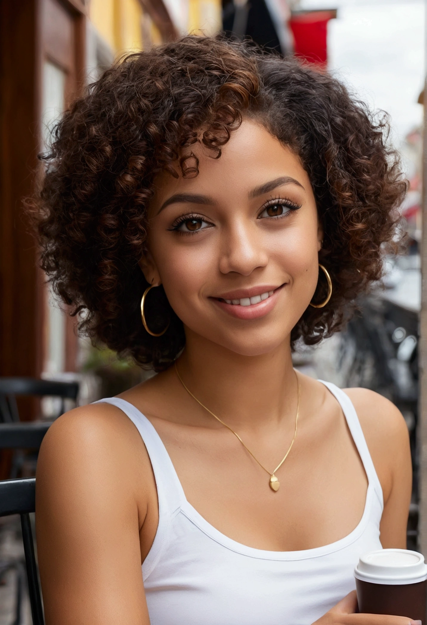 Beautiful Brazilian mulatto sitting and having coffee outside, street side, in a small cafe, nice face, Short curly black hair up&#39;at the nape of the neck with brown eyes and heavy eyeshadow, Porter un jean et un polo noir, grand style de mode, te regardant avec des yeux aimants et un doux sourire, L&#39;background is a downtown European city, Blurred background, shallow depth of field, cinematic light, Soft light, Backlit, micro details, rendering, Photorealistic, cinematic.