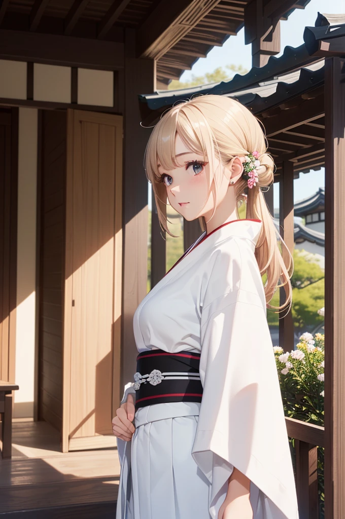 (Official Art、Highest quality、unity 8k wallpaper、32K、masterpiece、Very detailed、Ultra-high resolution、Oil painting style:1.2)、thin、Medium Bust、(whole body:1.2)、(profile、I looked away) :1.2)、high definition background、Realistic eyes、Sharp eyes、Blurred Background、(Shrine maiden、(White kimono)、(mini skirt))、(Very detailed顔と目、Beautiful Face、Very detailed肌、Fine skin:1.3)、Japanese Style House、Balcony、Spring scenery、