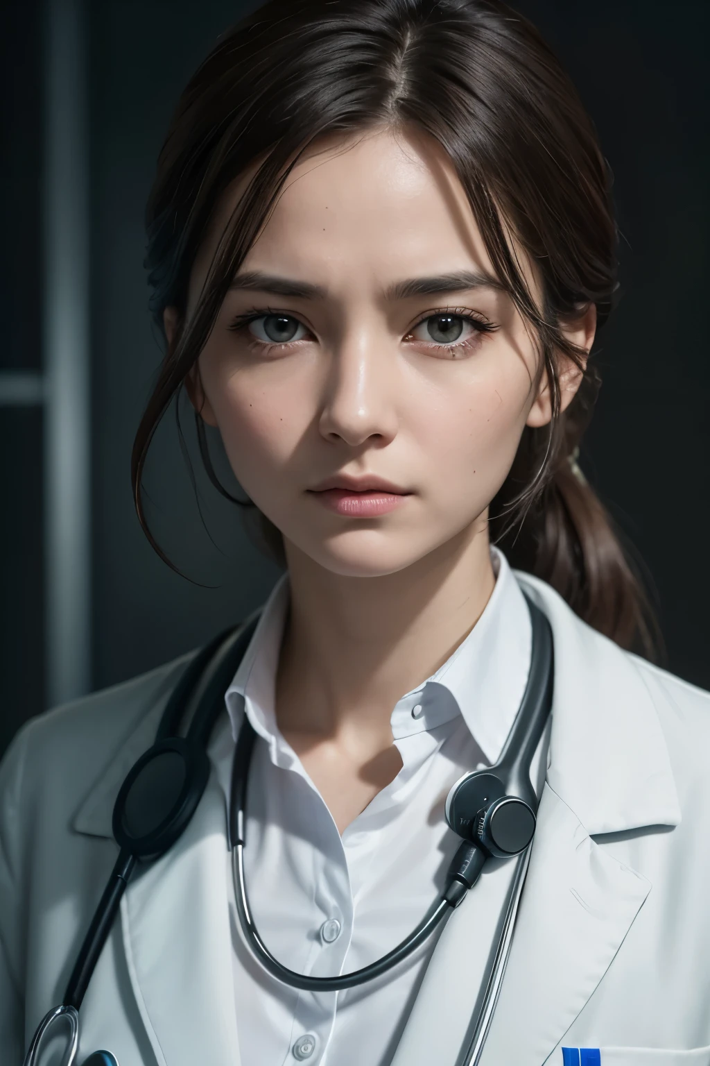a doctor, with her stethoscope around her neck and medical charts in hand, gaze directly into the camera with a serious yet caring expression, highlighting the pristine white coat and the intricate detail of her medical equipment, all captured in the highest resolution 8K, with a depth of field that accentuates the doctor's figure against the softly blurred background. The scene is illuminated by a cinematic light, casting subtle shadows and highlights on her face, enhancing the realism and creating a masterpiece of photorealistic detail. The doctor's intense gaze and poised posture exude confidence and professionalism, making for an impactful and captivating image.